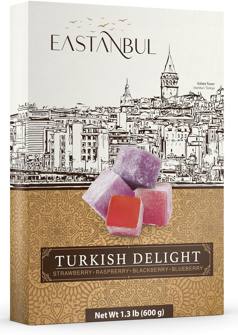 Eastanbul Turkish Delight, 600g, Turkish Delights Candy Assorted Strawberry, Blackberry, Raspberry & Blueberry Flavor, International Candy, Lokum, Plain, Gluten Free, No Synthetic Ingredient, Vegan