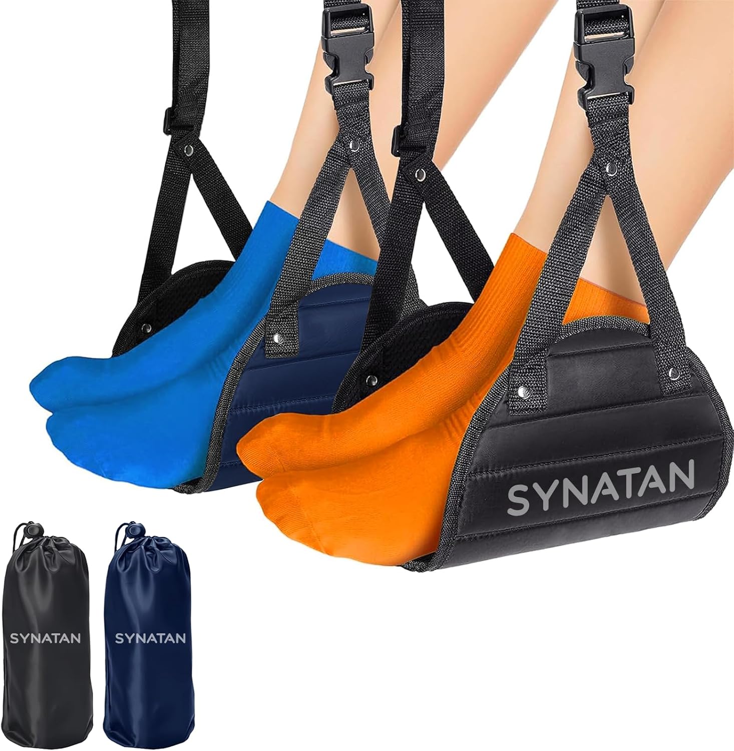 Plane Foot Hammock, Portable Airplane Foot Hammock for Plane Travel, Perfect Foot Sling for Airplane Travel, Leg Hammock to Relax Your Feet, Fly Essential Long Flight Must Haves, Black & Blue, 2 Pack