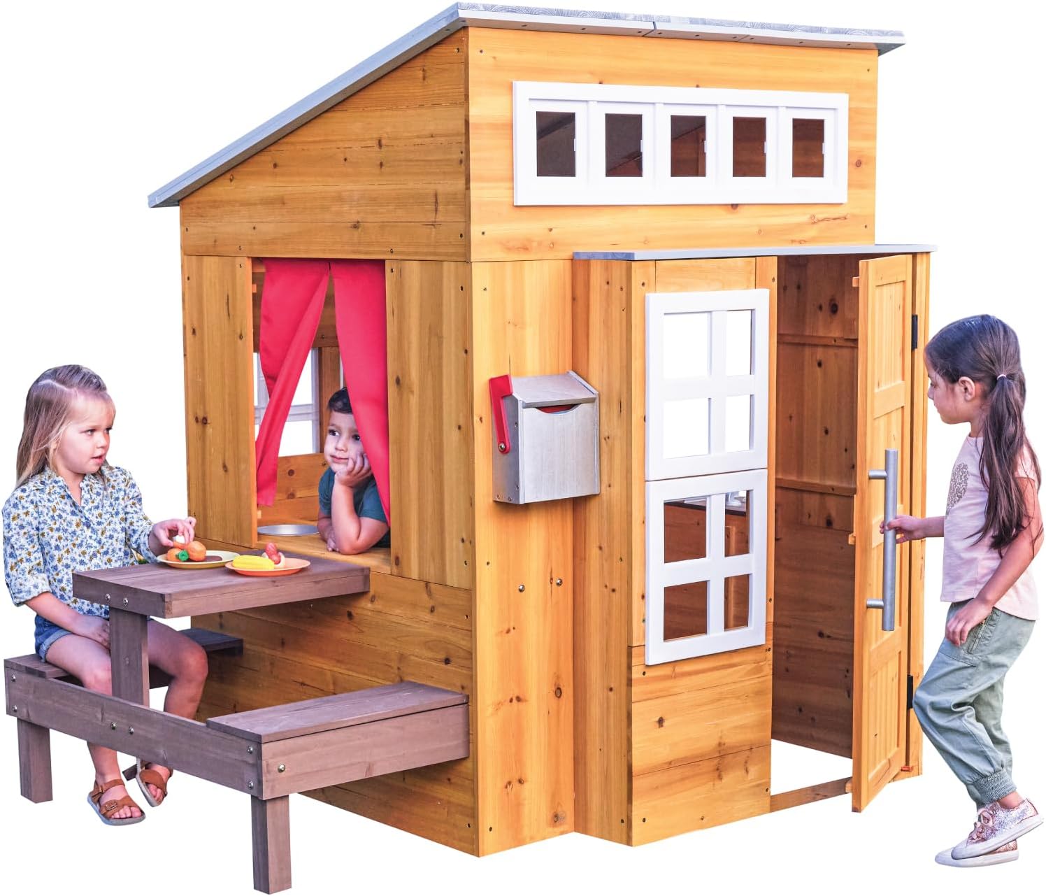 KidKraft Modern Outdoor Wooden Playhouse with Picnic Table, Mailbox and Outdoor Grill ,Gift for Ages 3+