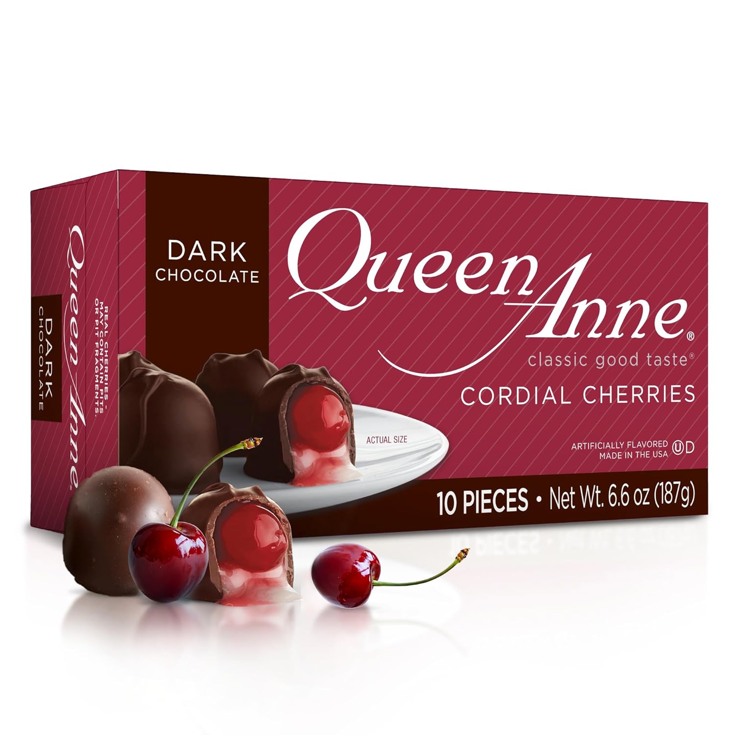 Queen Anne Dark Chocolate Covered Cordial Cherries | 6.6 oz | 10 Piece Gift Box | Whole Cherry Sweet Creamy Fruity Flavor | Holiday Candy