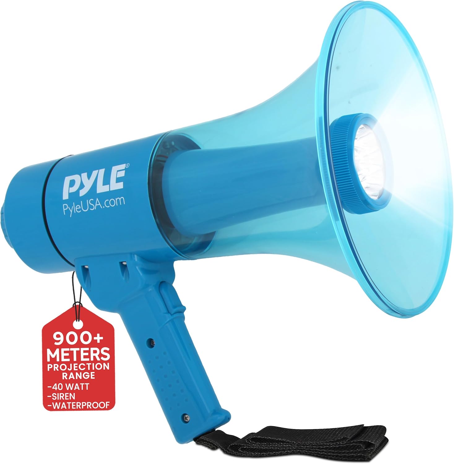 Pyle 40W Waterproof Megaphone Speaker, Loud Bullhorn Megaphones with Siren, Adjustable Volume & LED Flashlight, AA Battery Powered, Indoor-Outdoor Use, Perfect for Police, Football, Kids & More