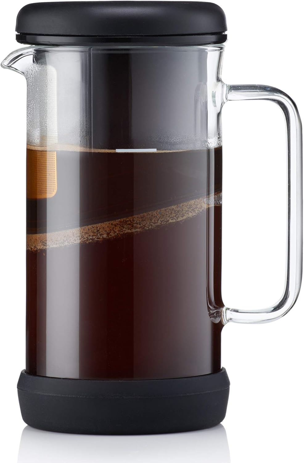 Barista & Co One Brew Single Coffee Maker - Reusable Tea and Coffee Strainer with Borosilicate Glass Beaker, Metal Filter and Anti-Slip Silicone Base- Black 4 in 1 Manual Coffee and Tea Infuser