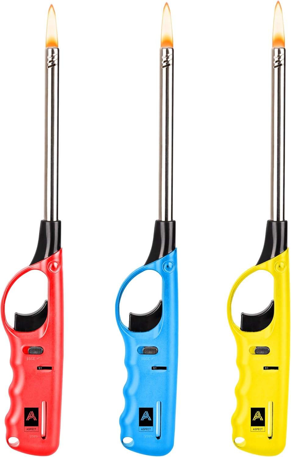 Aspect Refillable 3 xBBQ LIGHTERS Assorted Colour BBQ Gas Lighter | Use for Kitchen, Barbecue, Candles, Camping, Cooking, BBQs, Fireworks