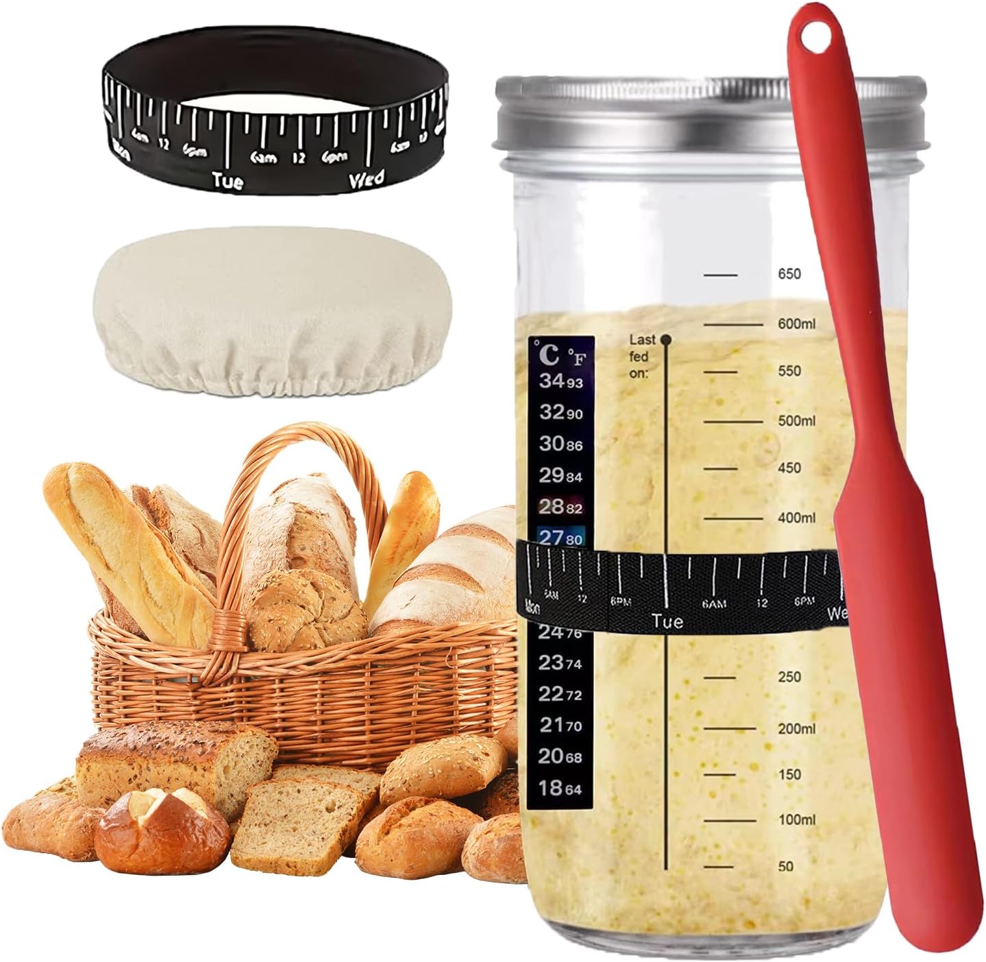 Sourdough Starter Jar Kit Lid Set, 24Oz, 730ml Glass Round Jar with Thermometer, Feeding Date Band, Cloth Cover, Silicone Scrape, Suitable for Bread Fermentation, Reusable Sourdough Starter for Baking