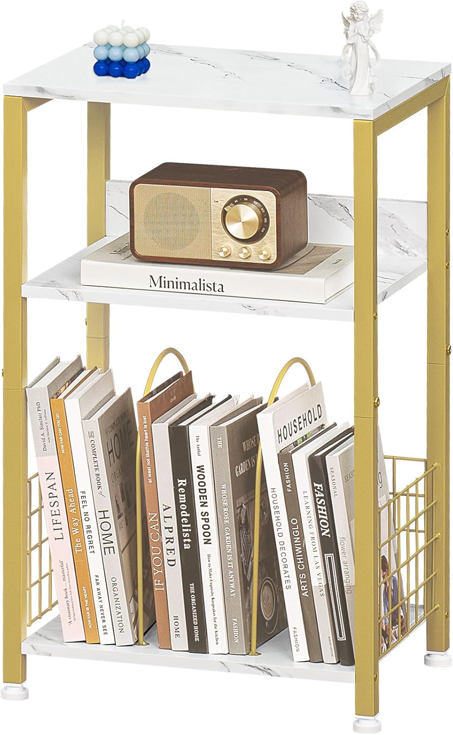 LELELINKY Side Table,White Marble Night Stand with Golden Metal Frame,3 Tier Industrial Wooden Record Player Stand with Vinyl Storage Shelf,End Tables for Living Room Bedroom Small Spaces