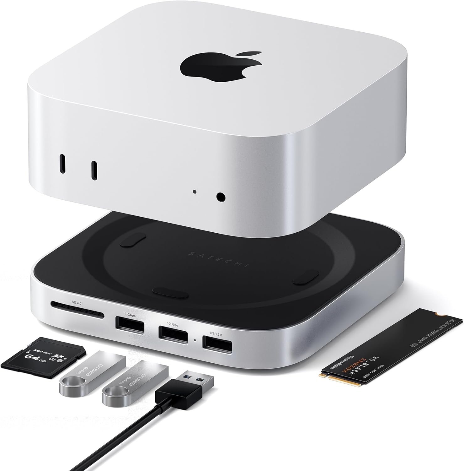 SATECHI Mac Mini M4 Hub & Stand with NVMe SSD Enclosure, Dock with 2 USB-A Up to 10Gbps Ports, USB-A Data Port, SD Card Reader for Mac Mini M4, M4 Pro - Silver