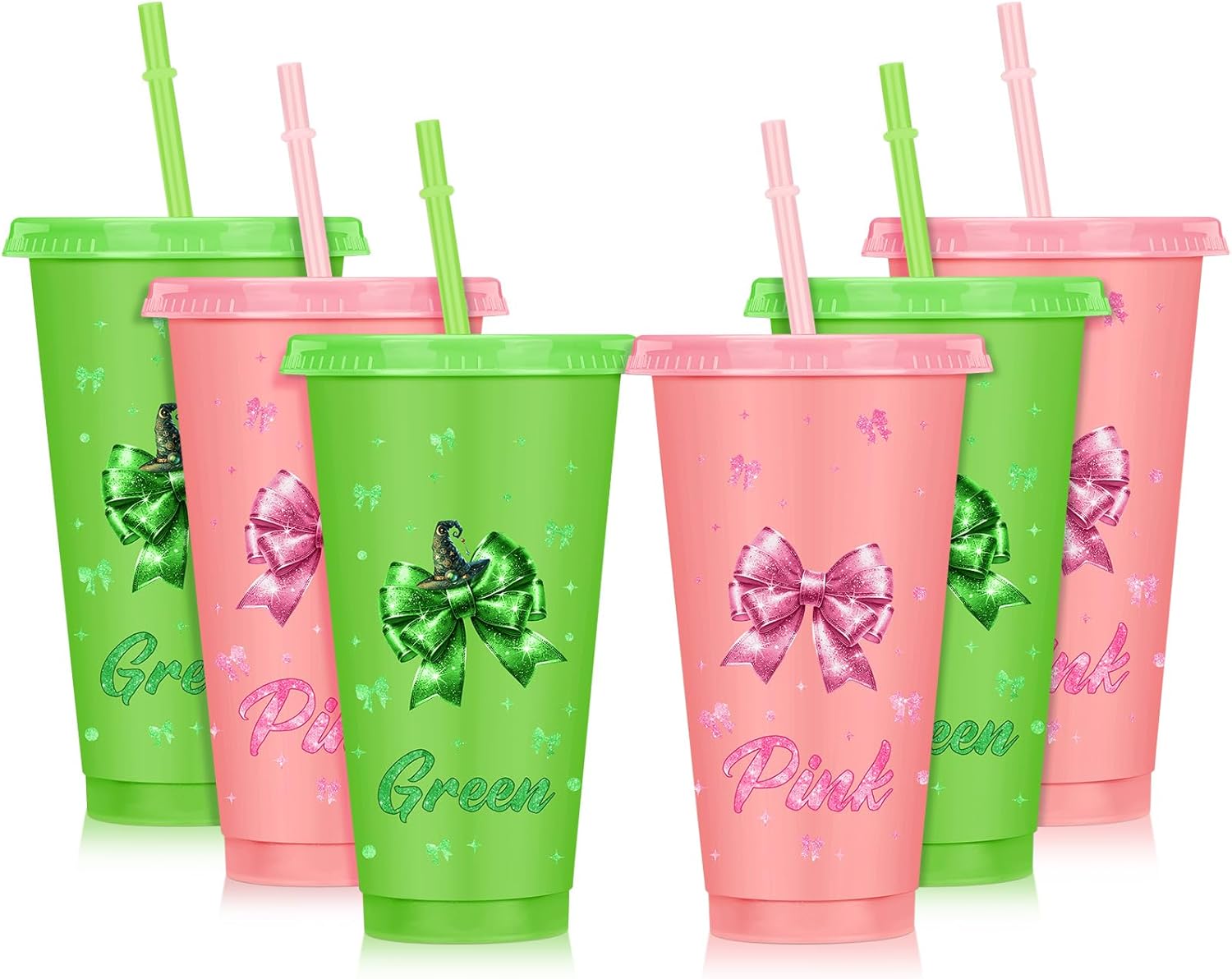 Skylety 6 Pcs Witch Party Decoration Pink and Green 24 oz Plastic Cups with Lids and Straws Witch Theme Party Favors Reusable Tumblers Bulk for Princess Theme Birthday Friendship Day Holiday