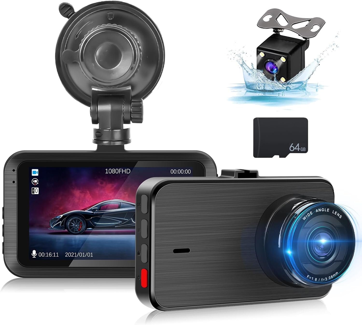 Dash Cam Front and Rear - 3 inch IPS Screen 1080P Full HD DVR Dash Camera for Cars with 64G SD Card - 150°Wide Angle Car Dashboard Cam - Night Vision, G-Sensor, Parking Monitor