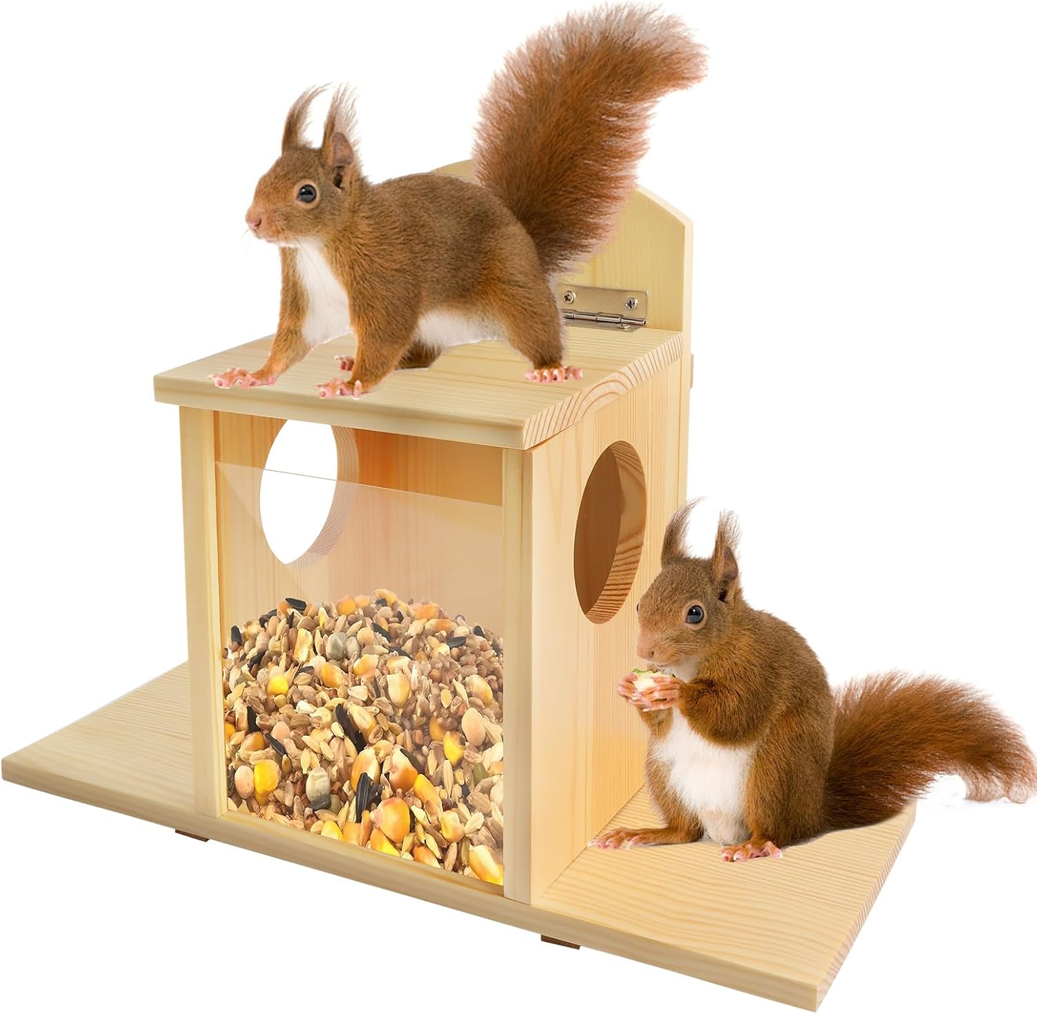 Suewidfay Squirrel Feeder with Lift-Up Lid, Wooden Squirrel Feeders for Outdoor Winter Garden Outside Backyard, Waterproof Durable Feeder Just for Squirrels