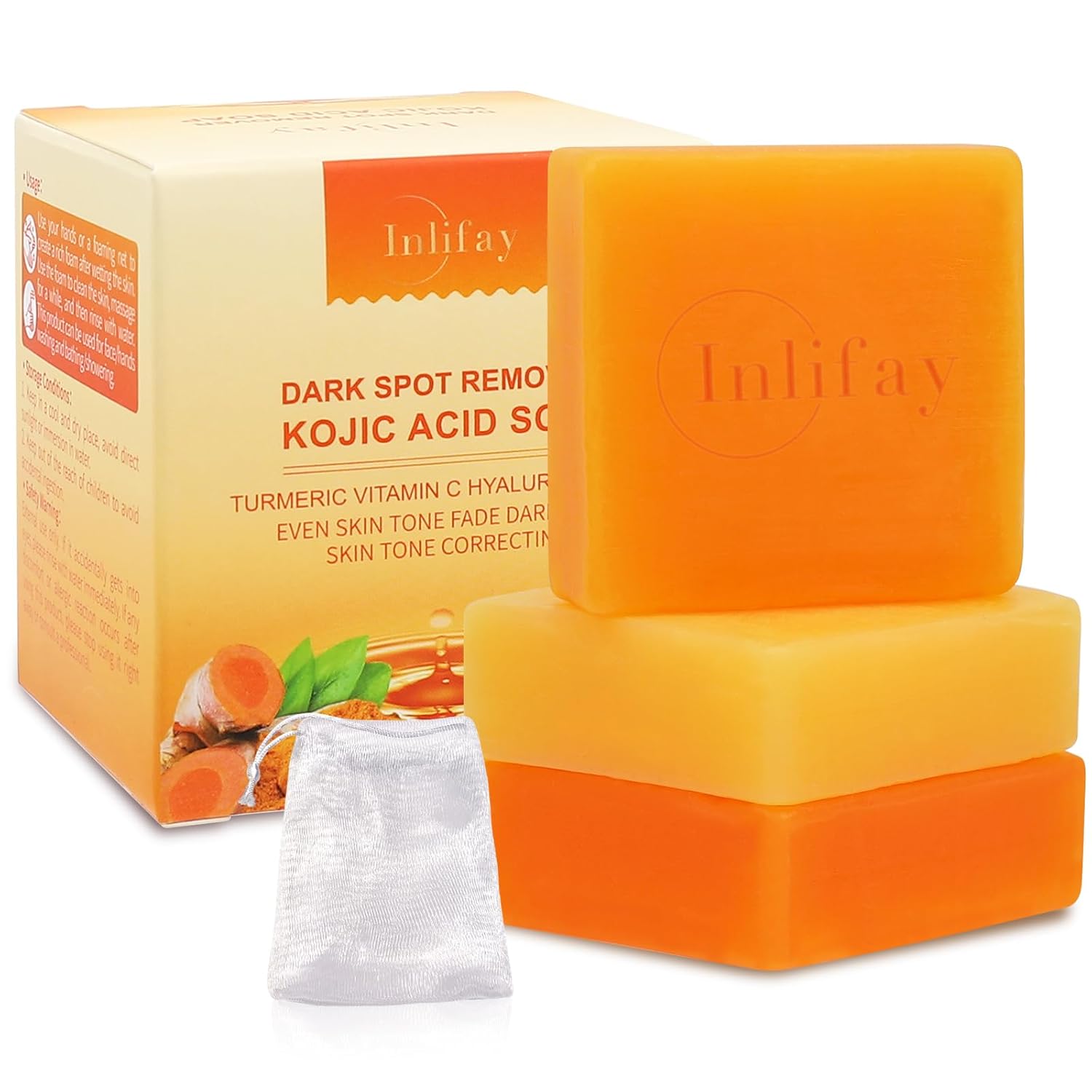 Inlifay Kojic Acid Turmeric Soap: Dark Spot Remover for Face Body - Skin Cleansing Bar for Women with Hyperpigmentation - Home Travel Use in Summer
