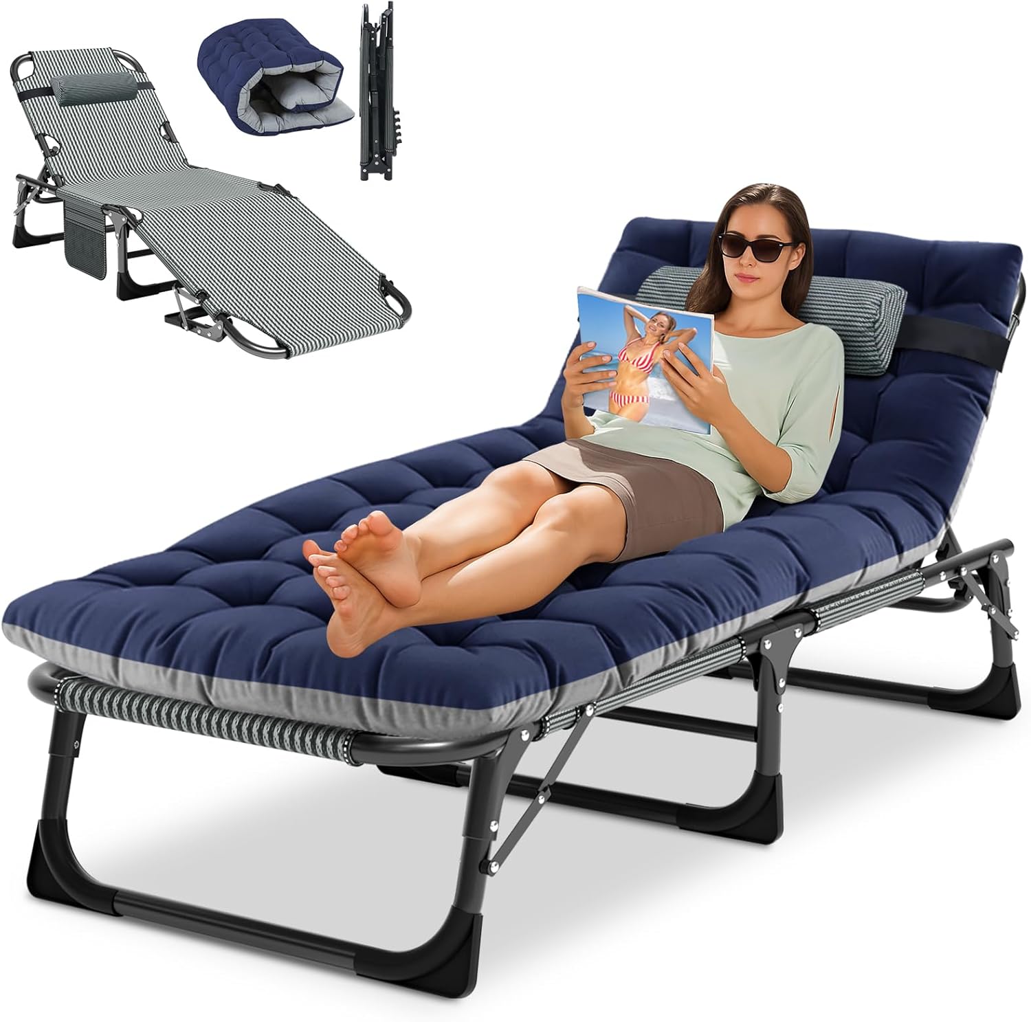 Obqer Folding Sun Lounger for Garden, 200KG Heavy Duty Camping Bed, Portable Sun Loungers Chair with Mattress and Headrest, 5 Adjustable Backrest, Guest Bed for Garden Pool Patio Travel Office