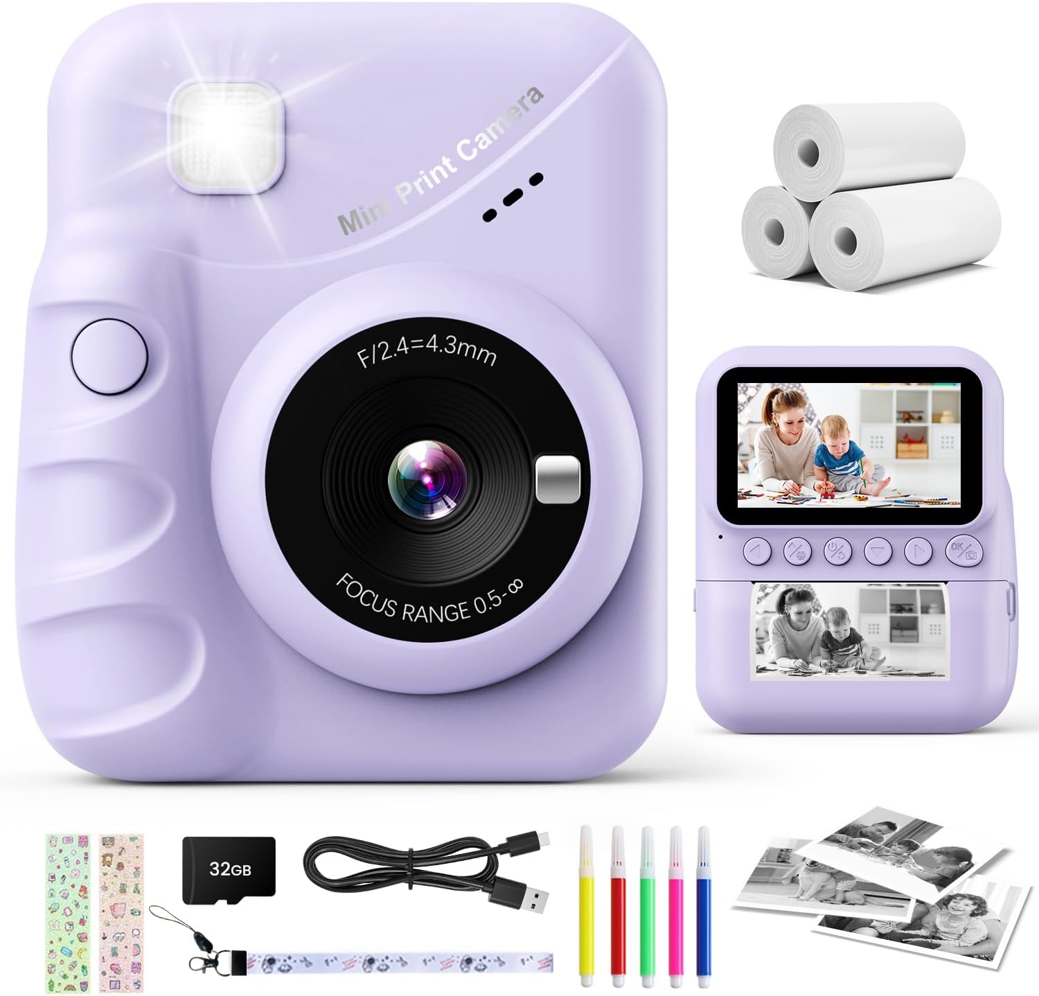 CalineGam Kids Camera Instant Print, 3.0'' Screen 48MP Photo Camera for Kids with 32GB Card & Print Paper, 1080P HD Video Recording, Gift for Boys Girls 3-12 Year Old (Purple)