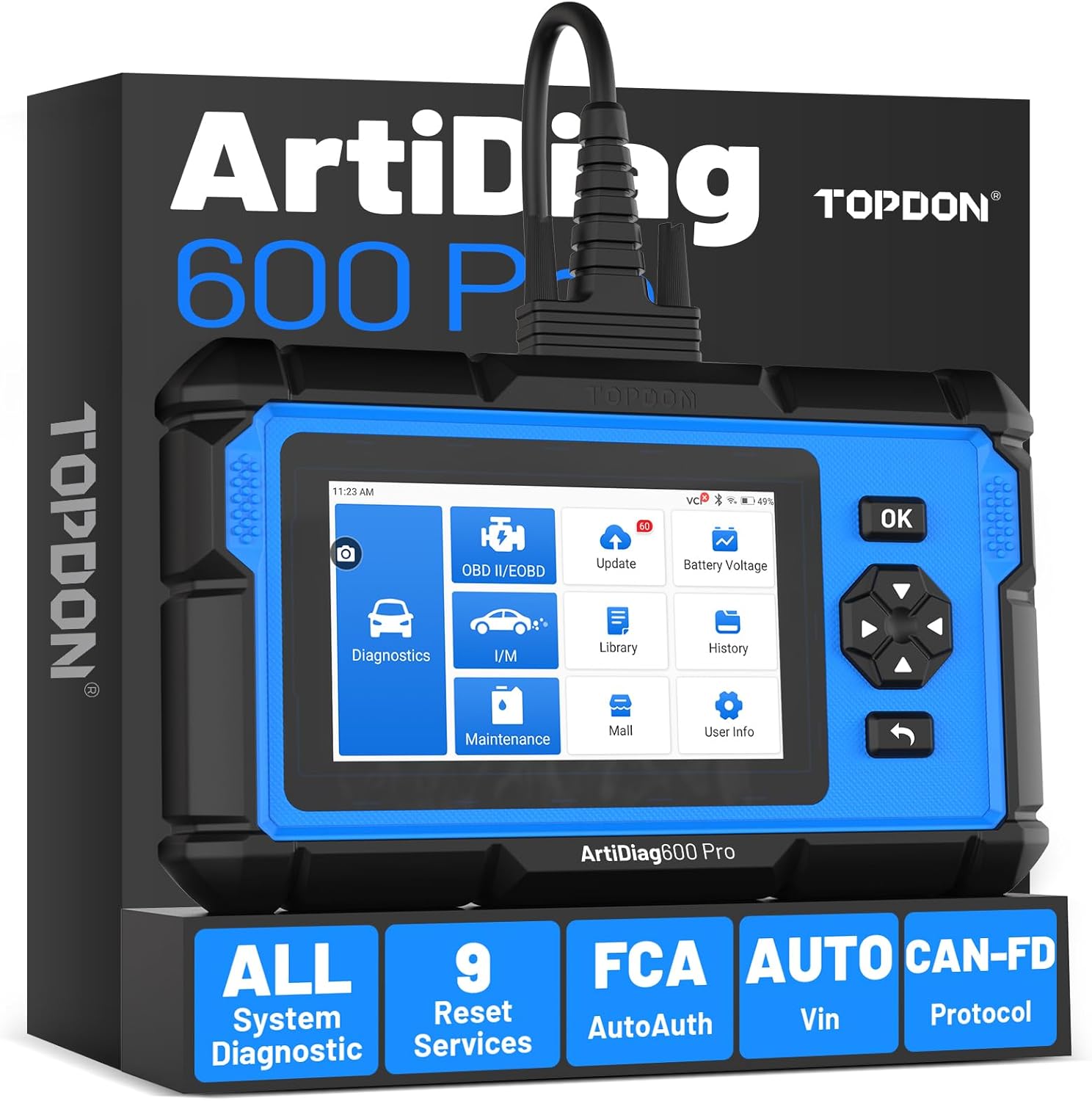 TOPDON ArtiDiag600 Pro, OBD2 Scanner Diagnostic Tool for All Systems, Code Reader Scan Tool with 9 Maintenance Services, Car Scanner with FCA AutoAuth, CAN-FD, Upgraded Version of AD600S/AD500