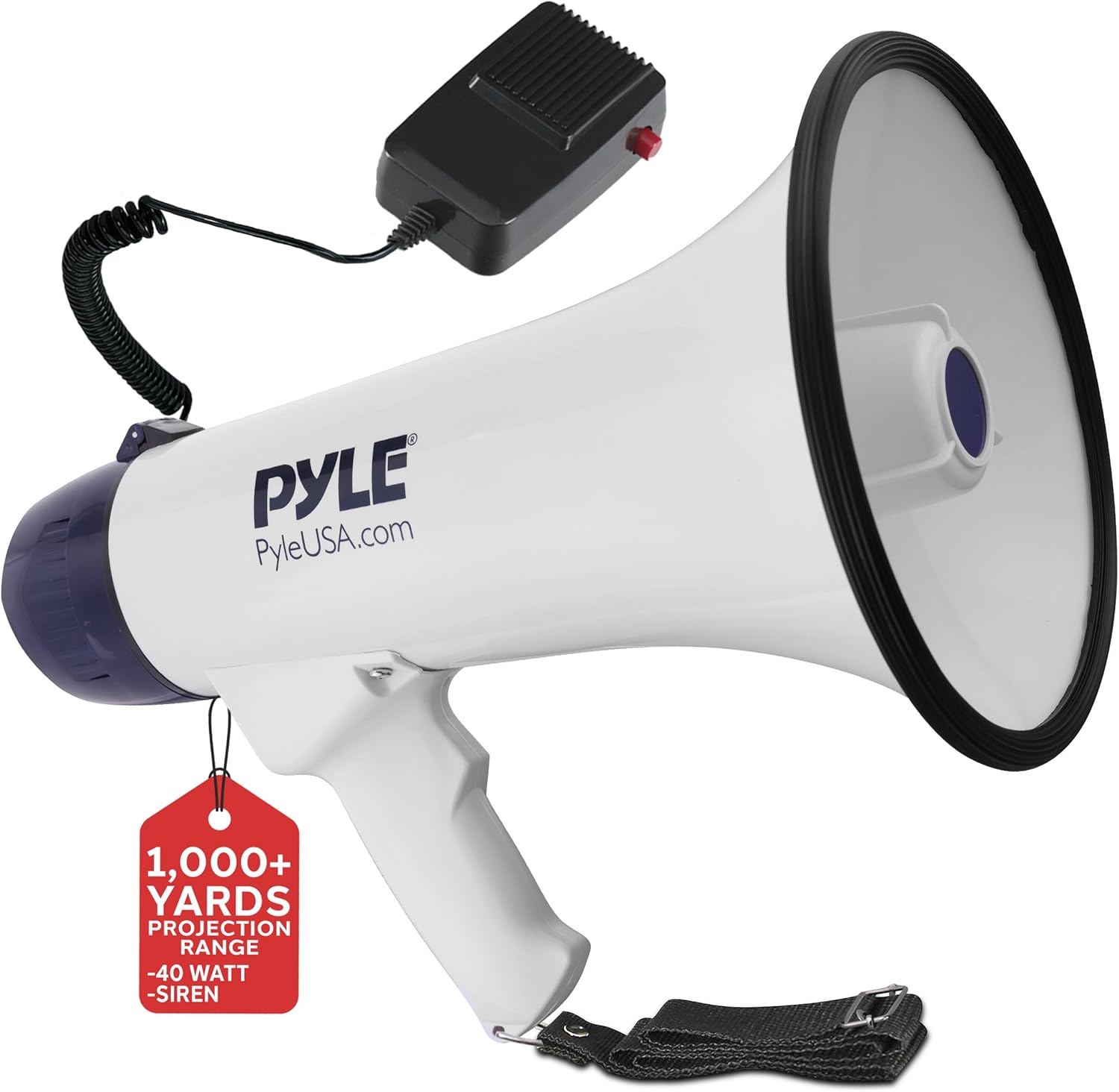 Pyle Compact Portable PA Megaphone Speaker - 40W Handheld Bullhorn with LED Flashlight, Alarm Siren, Adjustable Volume, Detachable Microphone, Battery Powered for Indoor & Outdoor Use