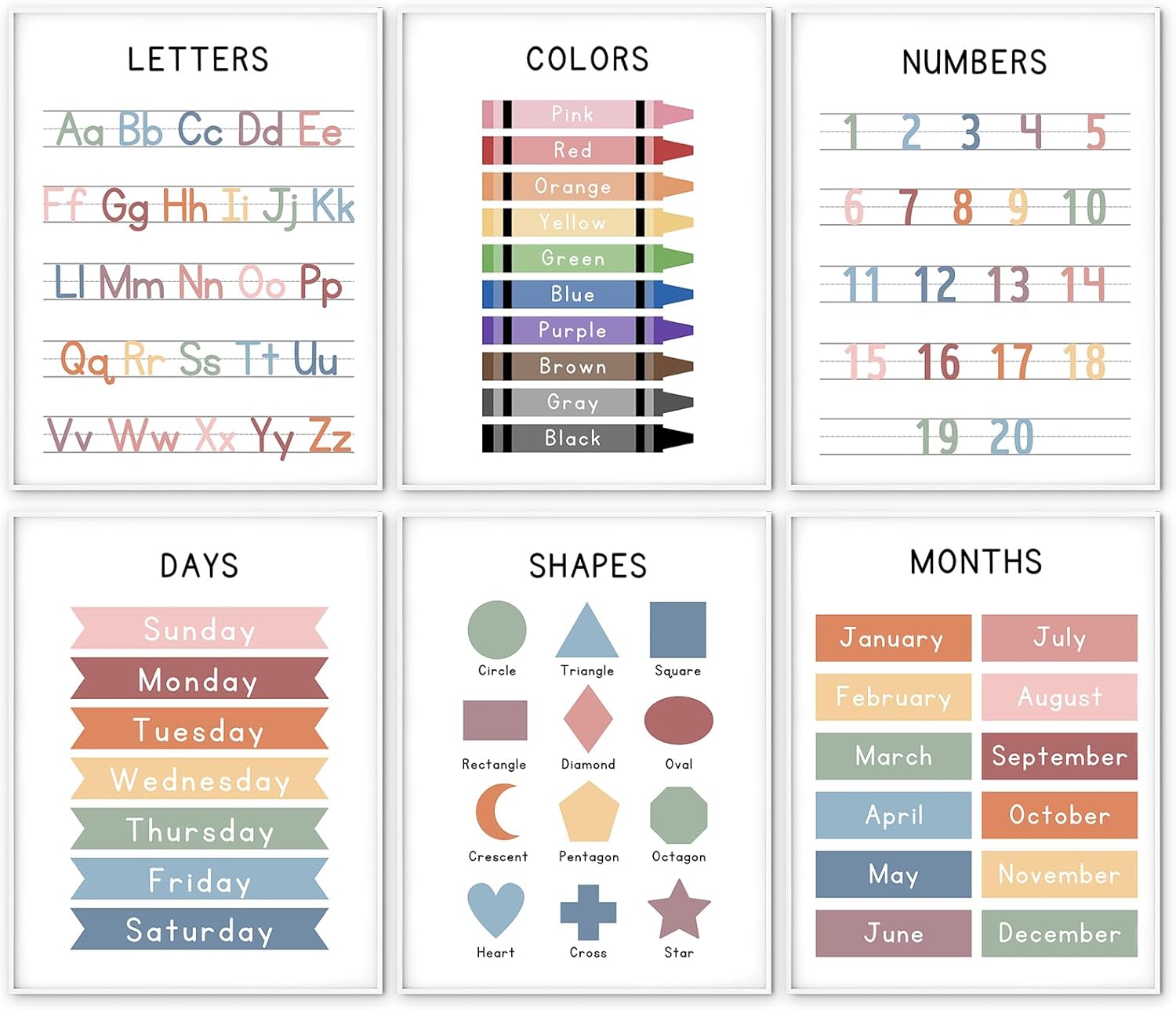 Educational Posters for Kids – Set of 6 Learning Charts for Toddlers & Preschool – Alphabet, Numbers, Colors, Shapes, Days of the Week & Months – Classroom & Homeschool Wall Decor