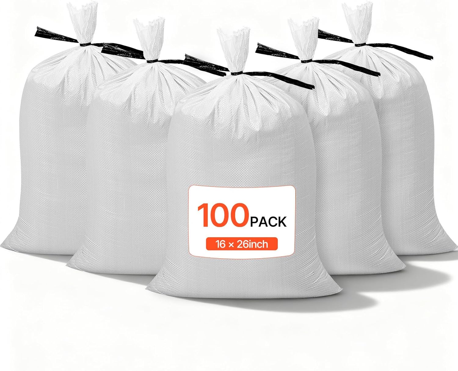 VEVOR Heavy Duty Sand Bags, 100 Pack 16" x 26", Empty Sandbags for Flooding with Tie Strings, Woven Polypropylene Sand Bag with 1600 Hours of UV Protection, 50Lbs Capacity