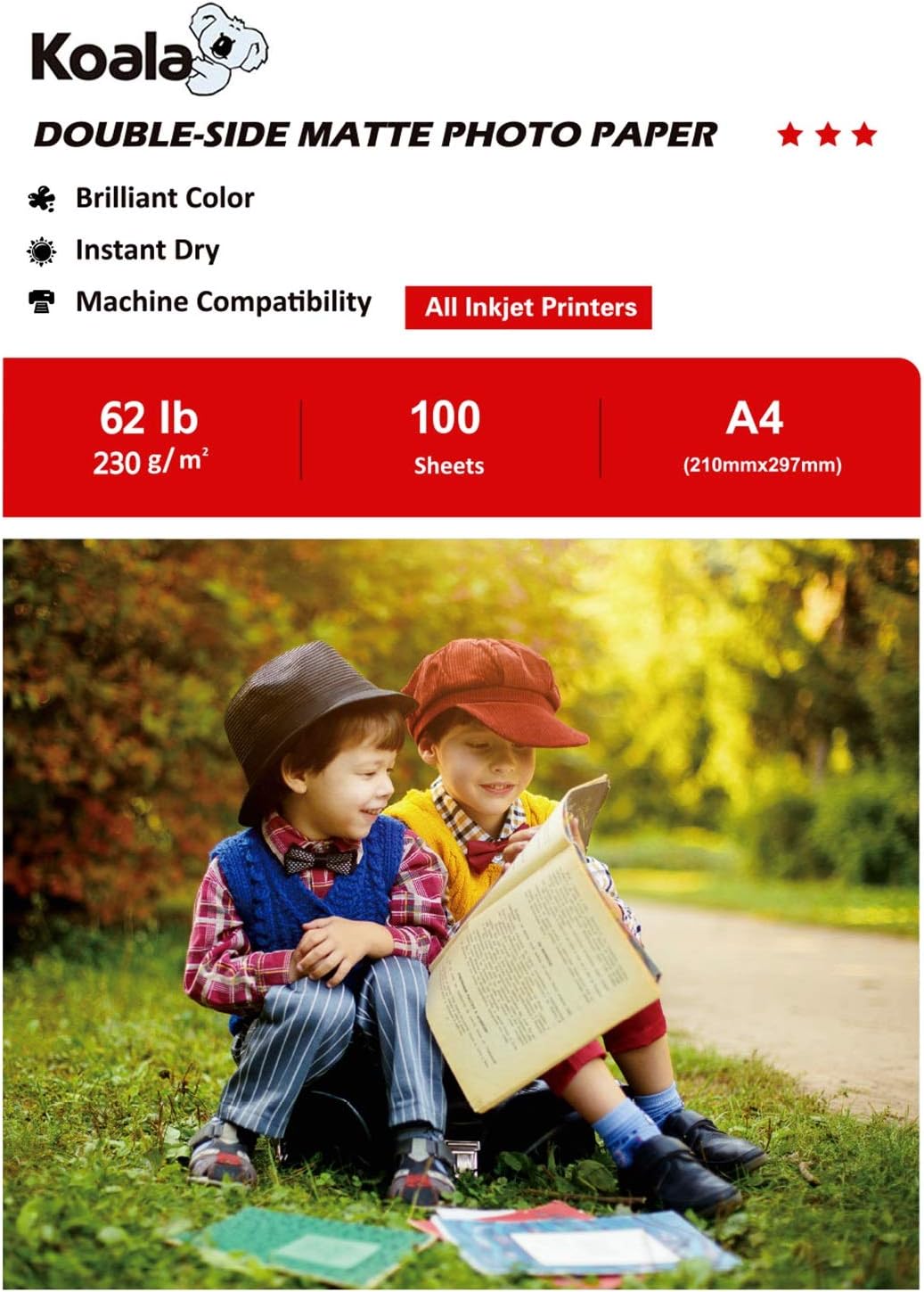 KOALA Double Sided Matte Inkjet Photo Paper A4, 230gsm, 100 Sheets for Inkjet Printers. Suitable for Printing Photos, Brochures, Covers, Certificates, Booklets, Flyers, Leaflets, Cards, Calendars