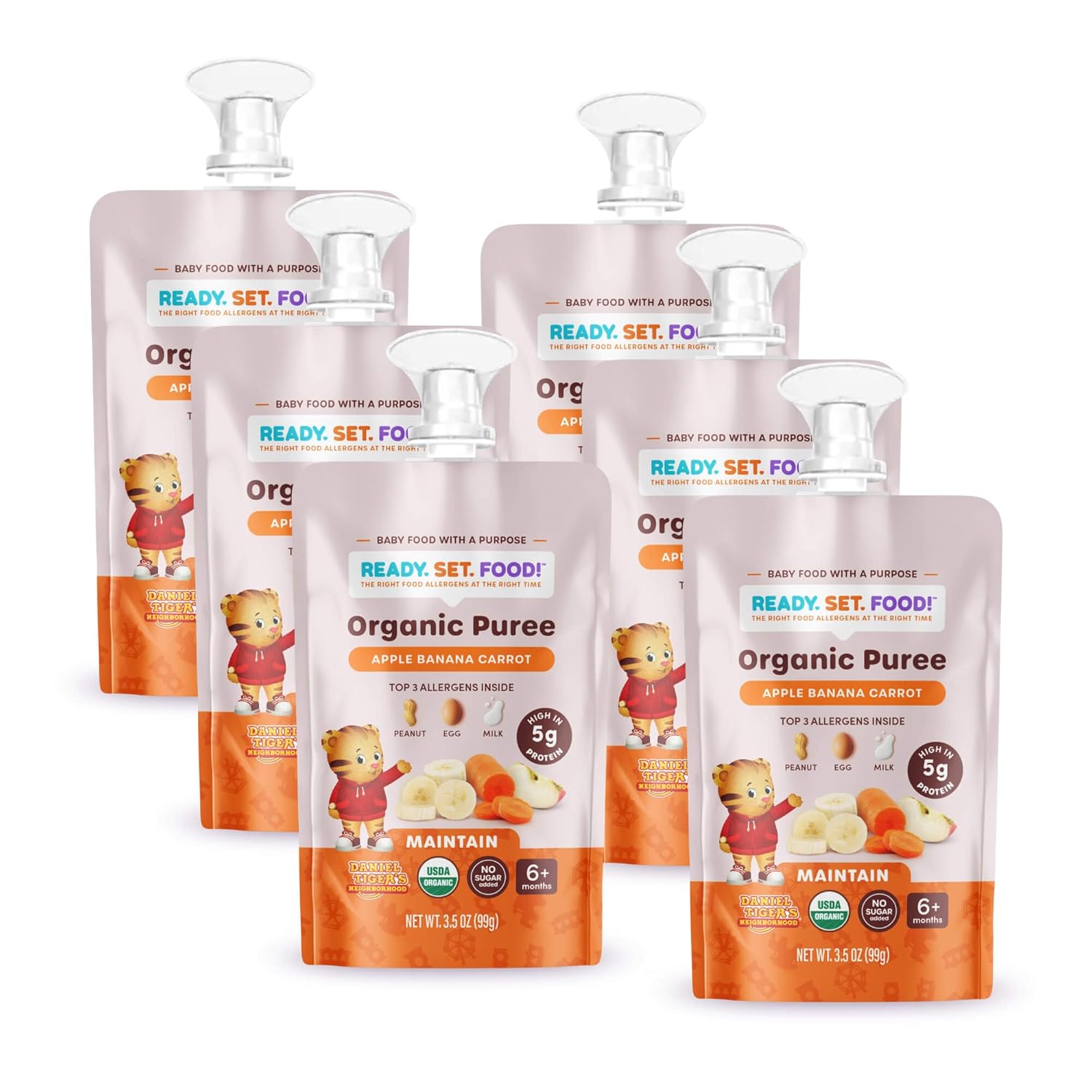 Ready Set Food Organic Puree Pouch – Organic Baby Food Squeeze Pouch with Top 3 Allergens for Baby Allergen Introduction, Includes Organic Peanuts, Egg, and Milk (Apple Banana Carrot, 6 count)