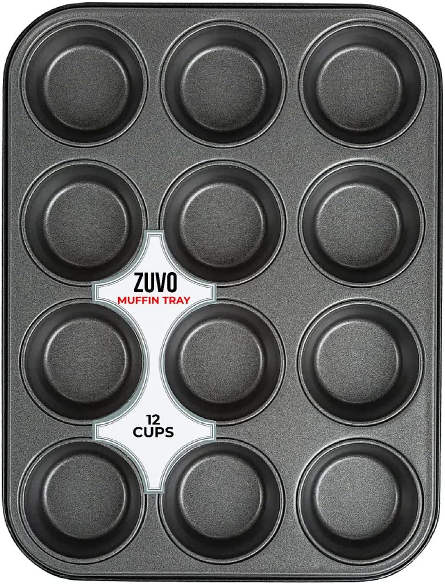 Zuvo Nonstick 12 Cup Muffin Tray - BPA Free & Dishwasher Safe Cupcake Pan Muffin Tray with Stain-Resistant, Baking Mould for Muffins or Cupcakes, Bakeware - (Black)