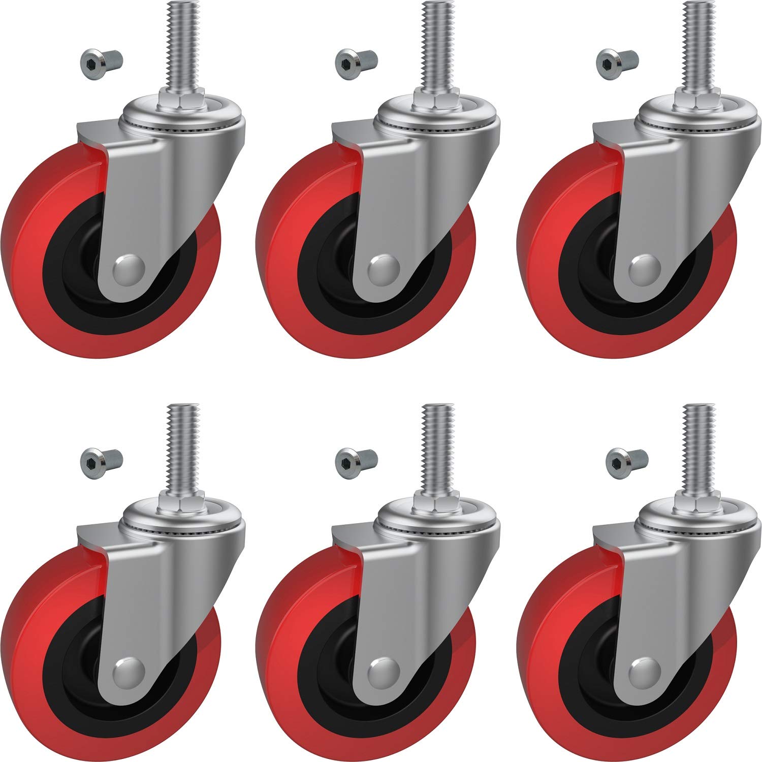 MySit 6 Pack Creeper Wheels 2.5 Inch Heavy Duty Swivel Caster Wheel Creeper Service Cart Stool Post Mount, M10 (Around 3/8") x 1" Metric Threaded Stem Casters Wheels Replacement