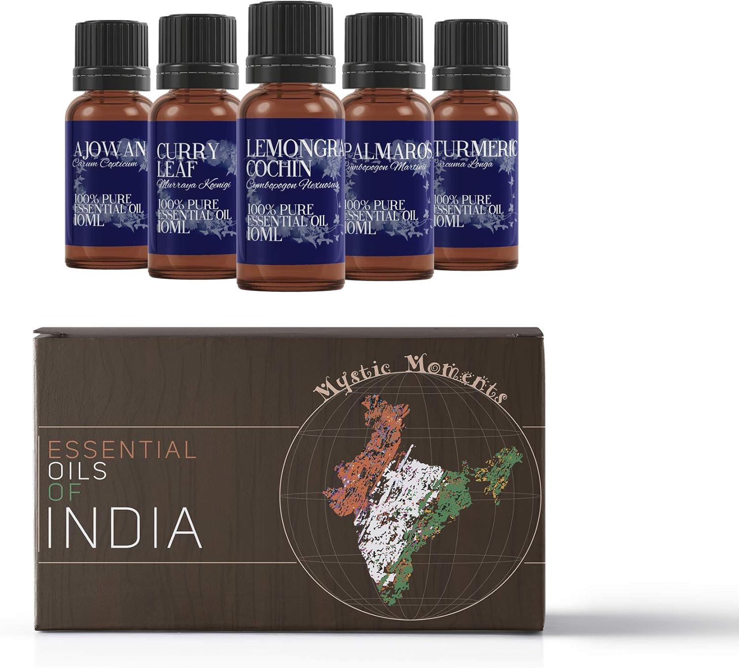 Mystic Moments | Essential Oils of India Essential Oil Gift Starter Pack 5x10ml | Ajowan, Curry Leaf, Lemongrass, Palmarosa, Turmeric | Perfect as a Gift