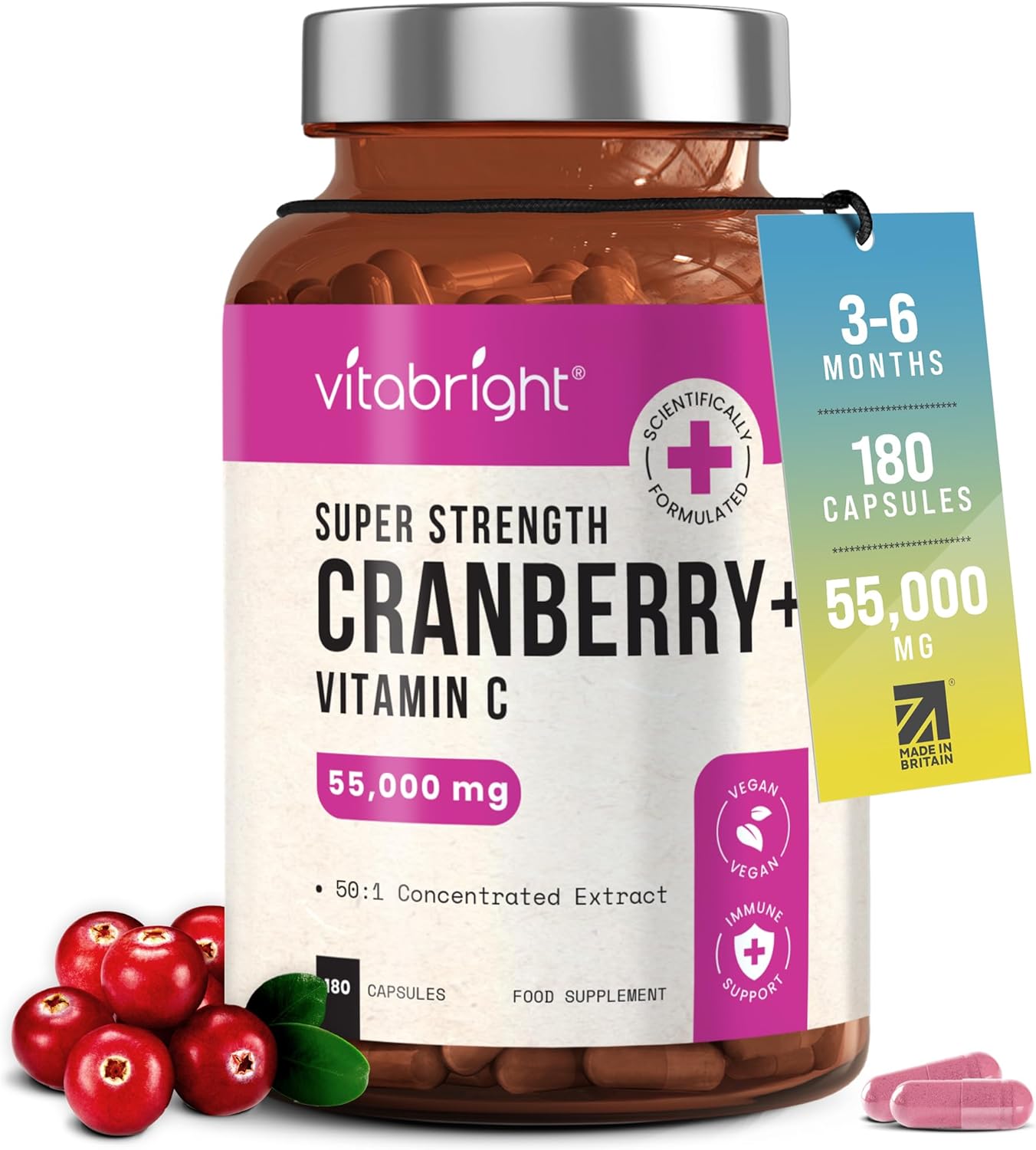 VitaBright Cranberry Tablets with Natural D-Mannose | 55,000mg | 180 Capsules | 3 Month Supply | Cranberry Supplements for Women with Vitamin C | No Added Sugar | High Strength Extract
