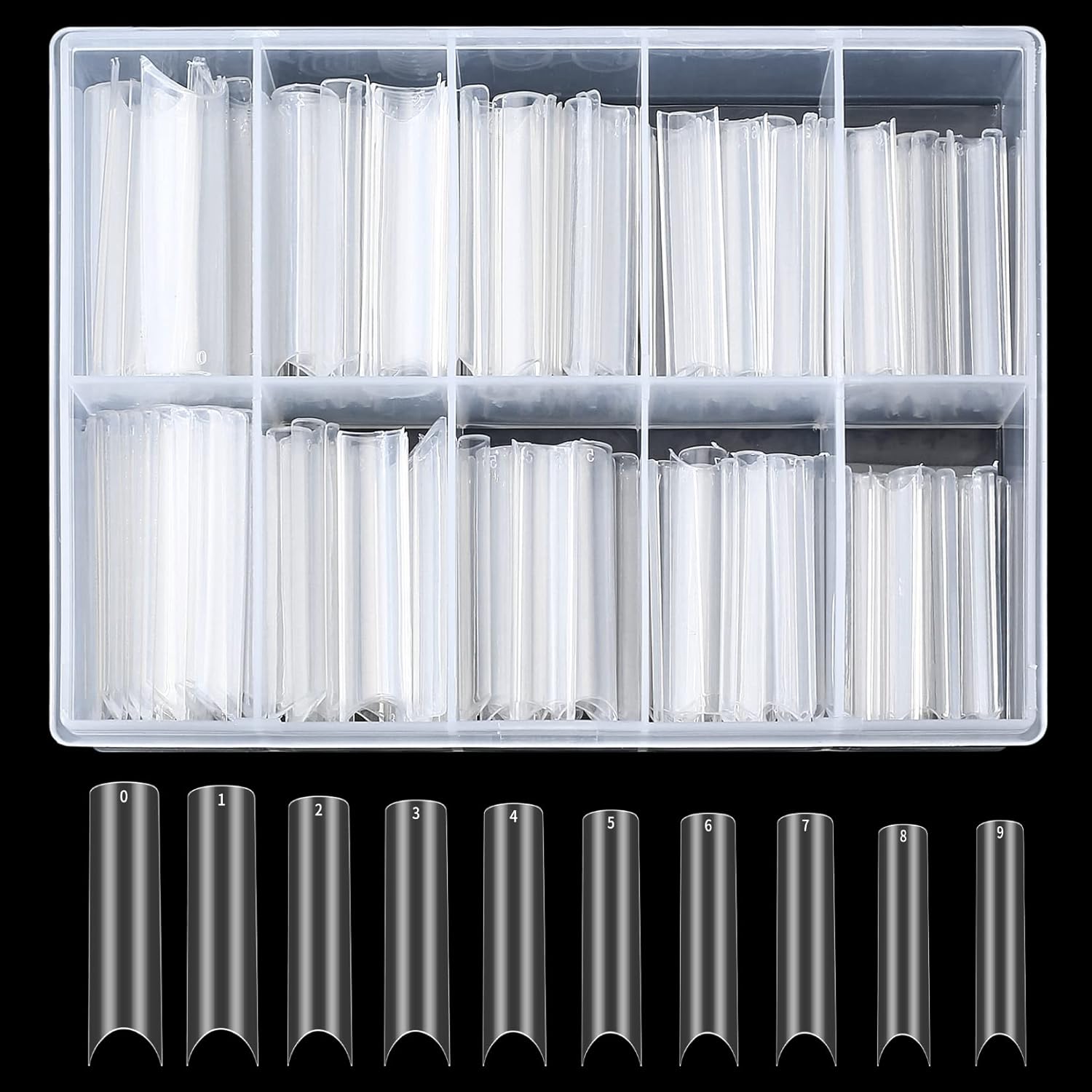 QOOSIKICC 200 Pcs Clear Acrylic Extra Long Straight Square Nail Tips, C Curve Full Cover Acrylic Fake Artificial False Nail Tips for Salons & DIY Nail Art