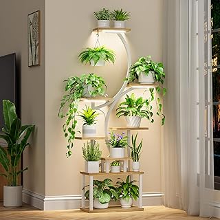 Plant Stand Indoor with Grow Lights, 8 Tiered Indoor Plant Shelf, 62" Tall Plant Stand for Indoor Plants Multiple, Metal Plant Flower Holder Stand, S-Shaped Plant Rack for Home, Patio (White)