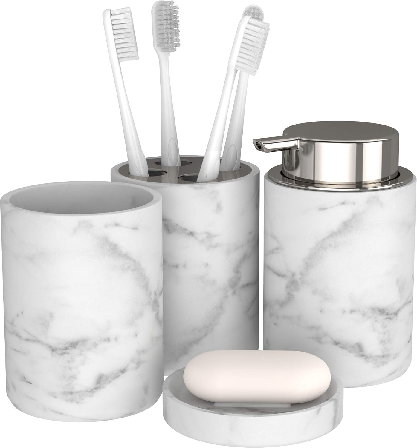 bonVIVO Marmora Bathroom Accessories Set – 4-Piece Marble Look Bathroom Set, Soap Dish, Soap Dispenser Pump, Toothbrush Holder, Tumbler – Luxury Bathroom Set, Elegant Bathroom Essentials Silver