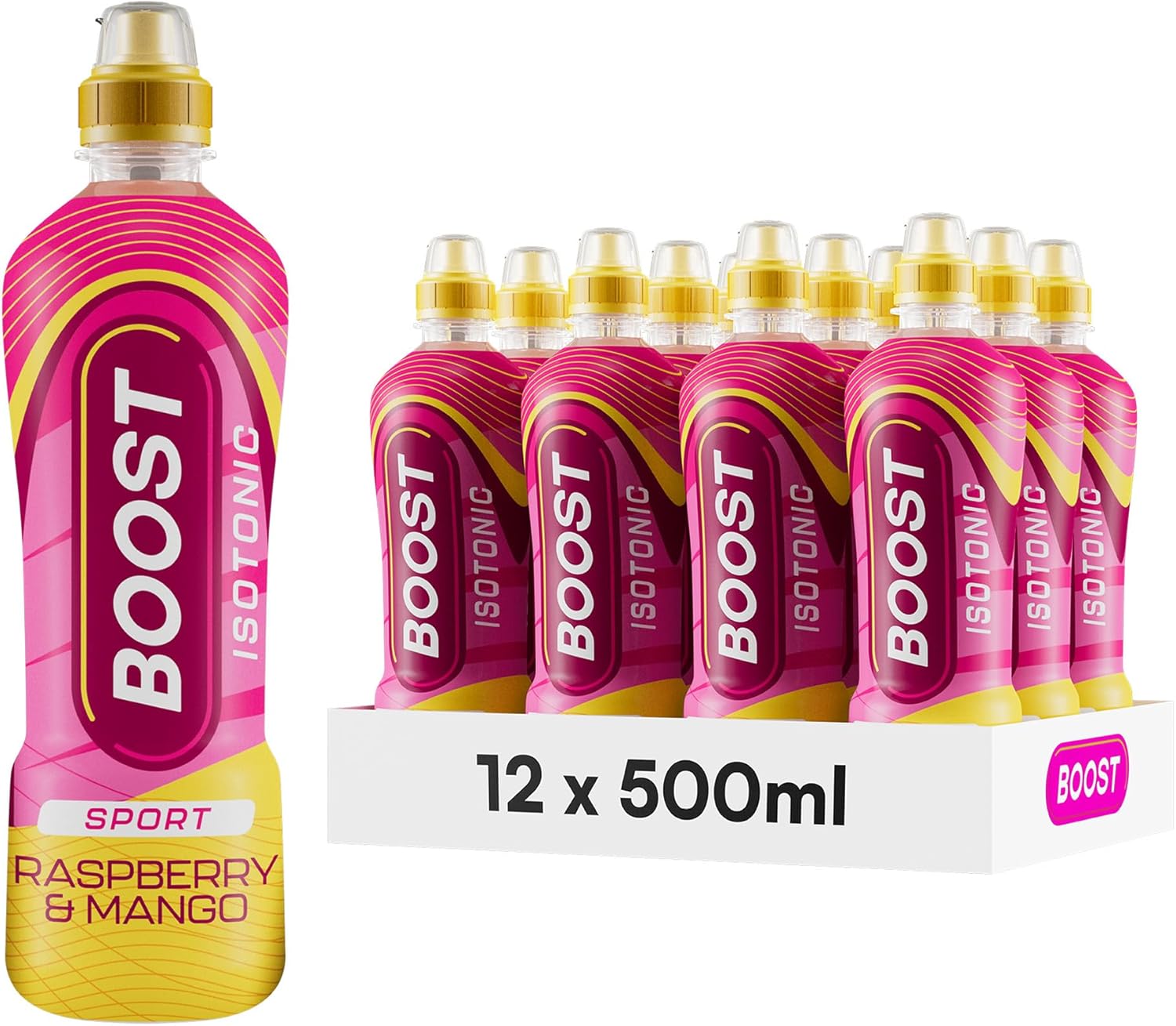 Boost Sports Drinks Raspberry & Mango | 12 Isotonic Drink with Vitamin B12 and B6 | Electrolyte Drink | Maximum Hydration Drinks | Low Calorie Vegan Adult Soft Drinks Multipacks | 12x500ml