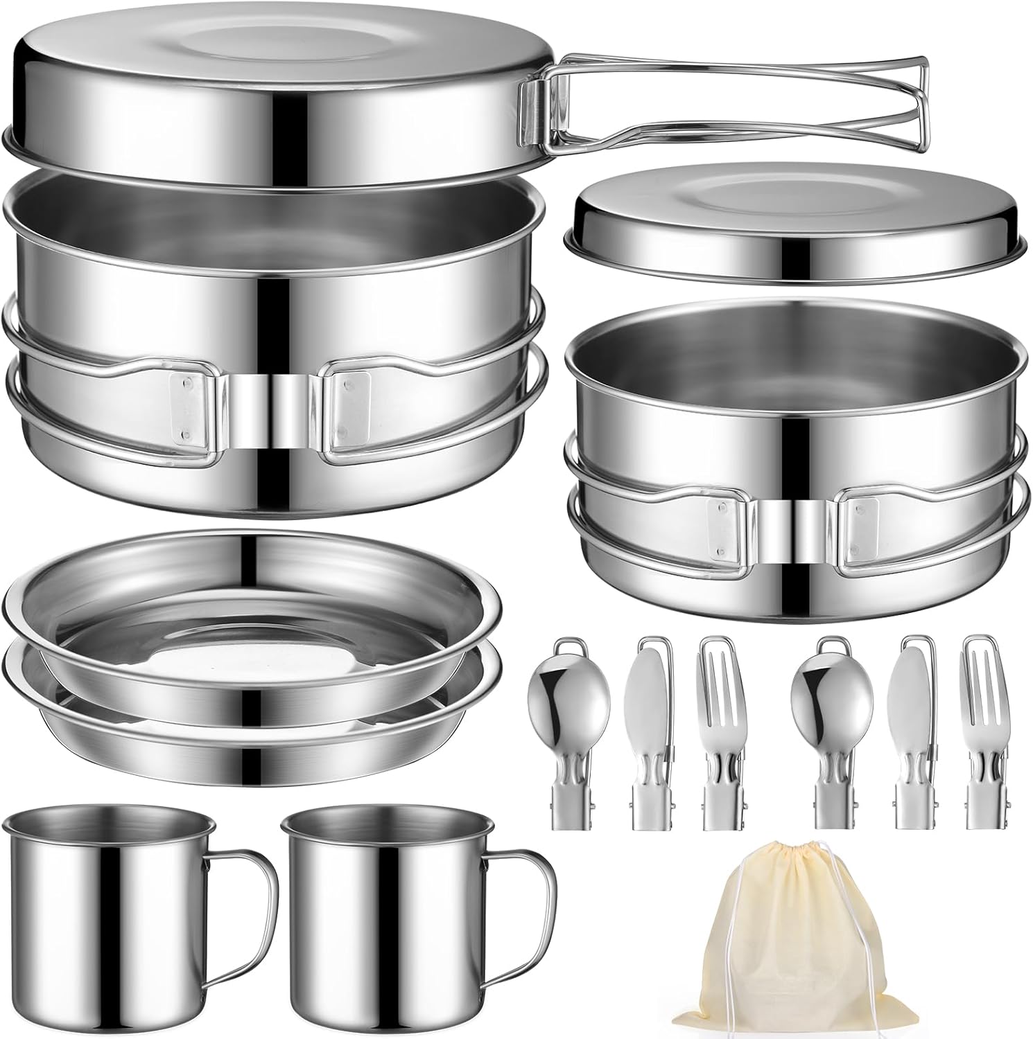 14 Piece Camp Cooking Set, Stainless Steel Camping Cookware with Pot and Pan Kit 2 Set Stainless Steel Cups Plates Forks Knives Spoons for Camping, Backpacking, Outdoor Cooking and Picnic