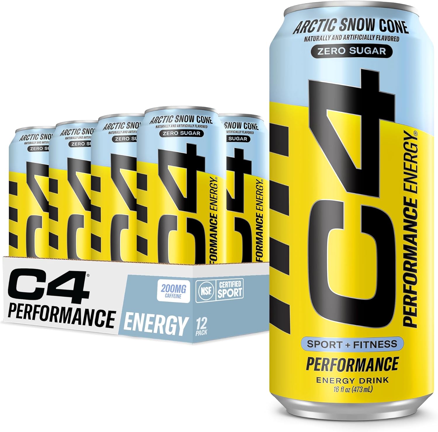 C4 Carbonated Zero Sugar Energy Pre Workout Drink + Beta Alanine, (NEW) Sparkling Arctic Snow Cone, 16 Fl Oz, Pack of 12