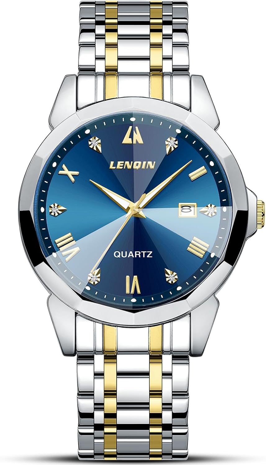 LN LENQIN Mens Watches Stainless Steel Watches for Men Waterproof Analog Quartz Date Diamond Business Dress Luxury Men's Wrist Watches
