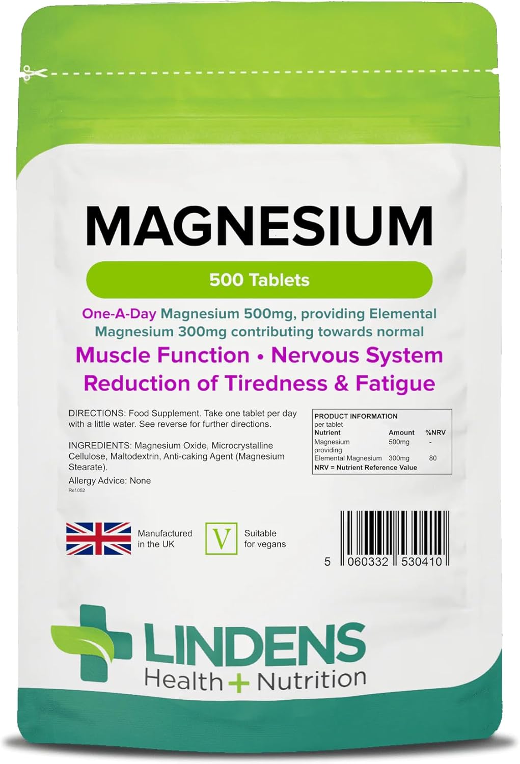 Lindens - Magnesium 500mg - 500 Tablets - UK Made, Reduces Tiredness & Fatigue, Supports Muscle & Nervous System Function - Bones & Teeth Health - Vegan, GMP & Letterbox Friendly