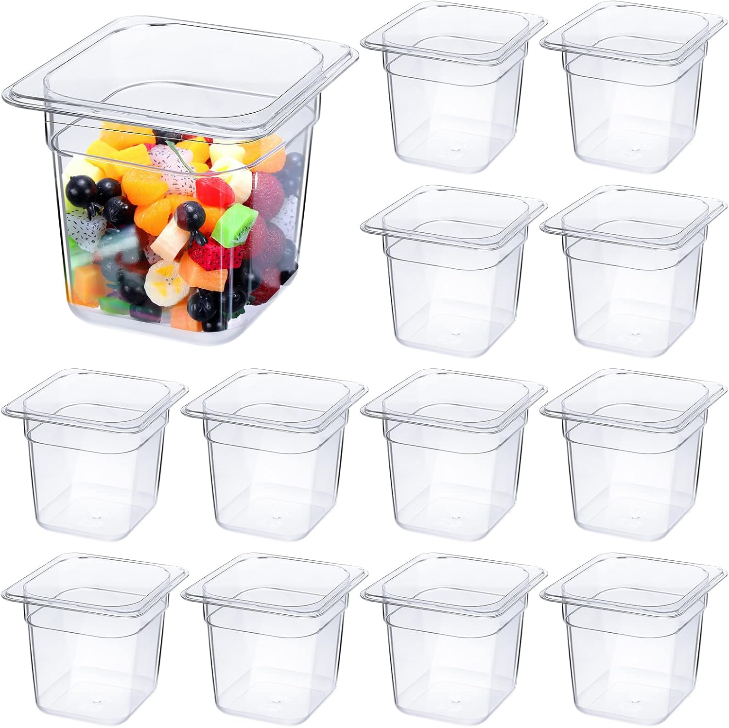 Yinder 12 Packs Plastic Clear Food Pans 1/6 Size Stackable Polycarbonate Food Containers with Capacity Indicator Restaurant Commercial Hotel Pan for Fruits Vegetables Beans Corns(6'' Deep)