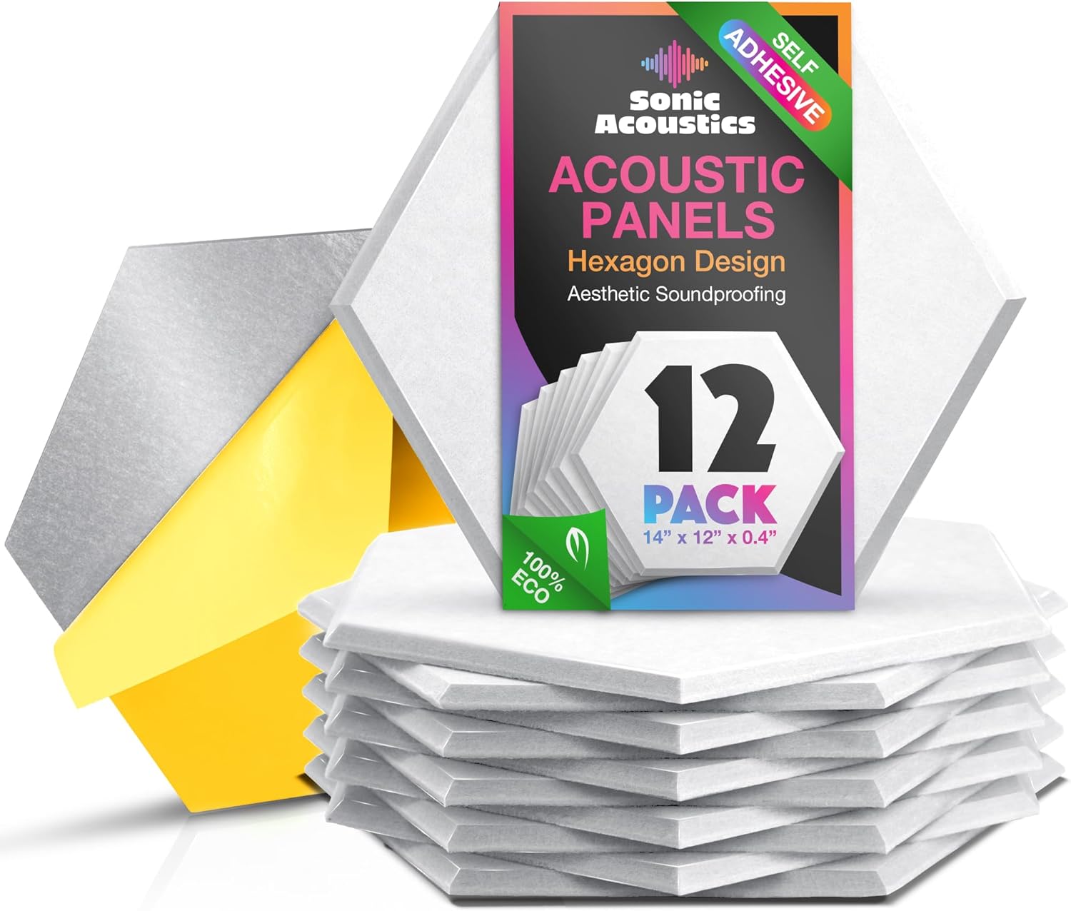 Sonic Acoustics Self-Adhesive 12 Pack Hexagon Acoustic Panels, 14" X 12" X 0.4" High Density Sound Absorbing Panels Sound Proof Insulation Beveled Edge Studio Treatment Tiles-White