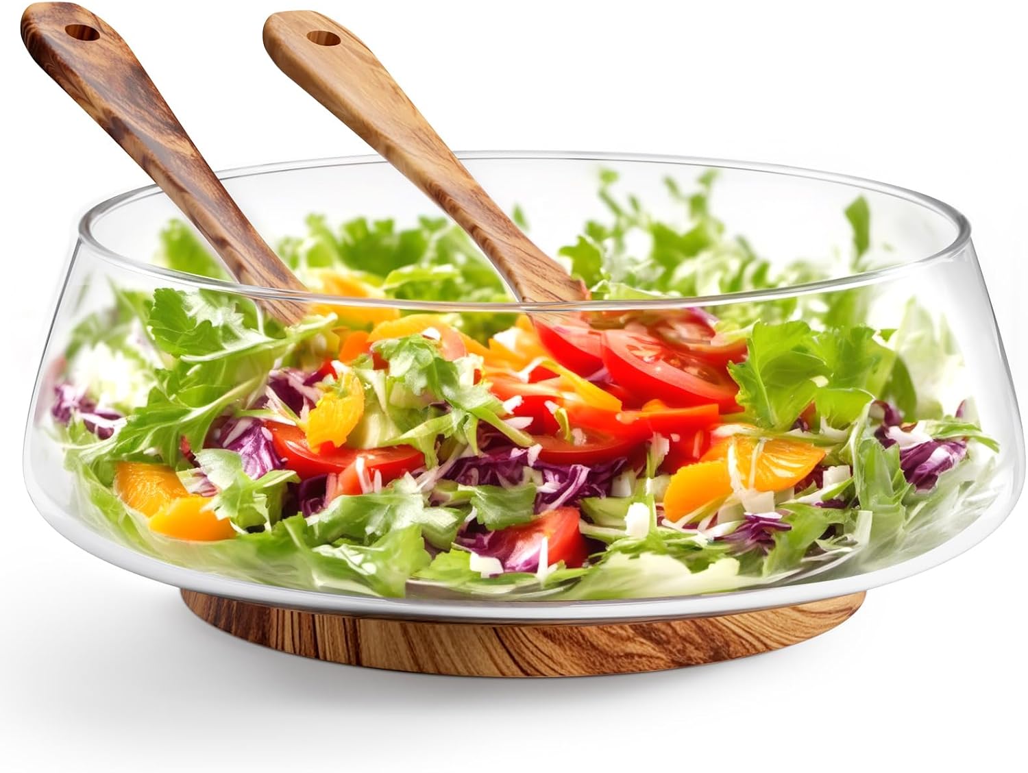 Large Salad Bowl with Acacia Wood Base and Serving Utensils, Clear Glass Serving Bowl Set for Fruits, Cakes, Pasta, Desserts, Dishwasher and Microwave Safe and Easy to Clean