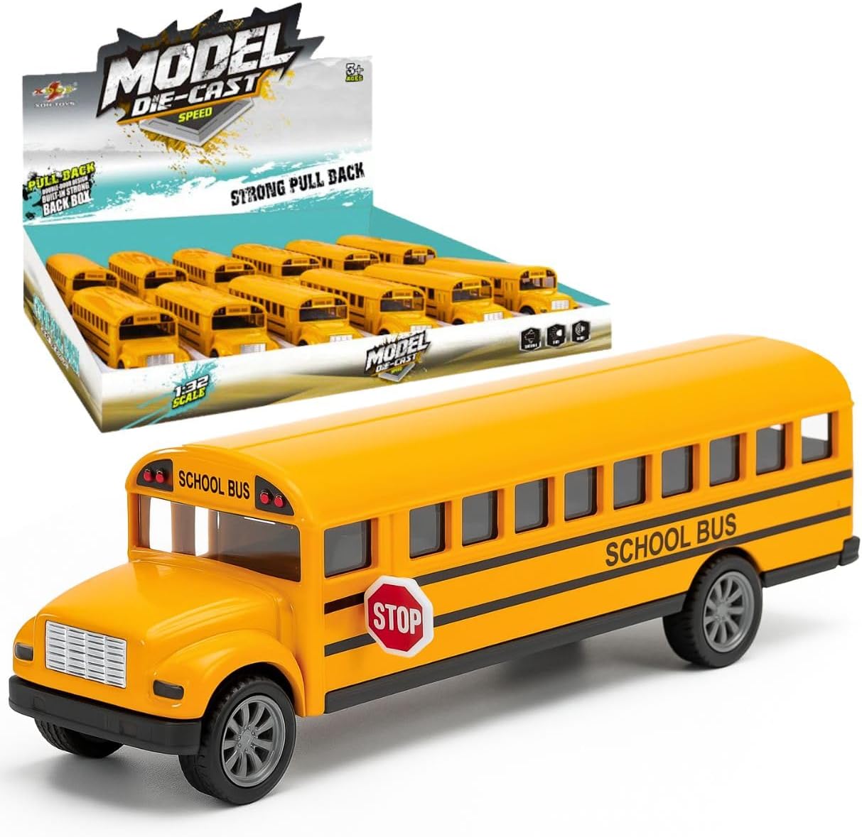 12 Pack: Diecast Yellow School Bus Model Toy, 5" Pullback Die Cast Metal Classic Long Nose Vehicles for Kids with Rubber Tires and Opening Doors - Bulk Party Favors, Supplies