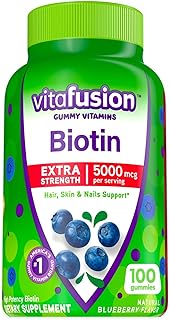 vitafusion Extra Strength Biotin Gummy Vitamins, Berry Flavored, 5,000 mcg Biotin Vitamins, America’s Number 1 Gummy Vitamin Brand, 50 Day Supply, 100 Count (Packaging may vary)