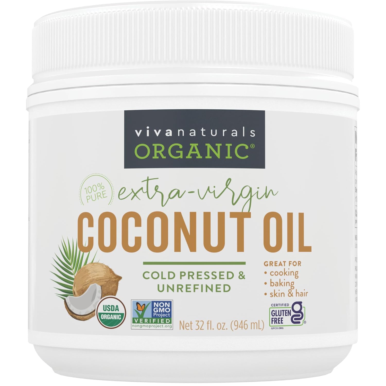 Viva Naturals Organic Coconut Oil - Unrefined and Cold-Pressed, Natural Hair Oil, Skin Oil and Cooking Oil with Fresh Flavor, Non-GMO Extra Virgin Coconut Oil (Aceite de Coco), USDA Organic, 32 Fl Oz (Pack of 1)