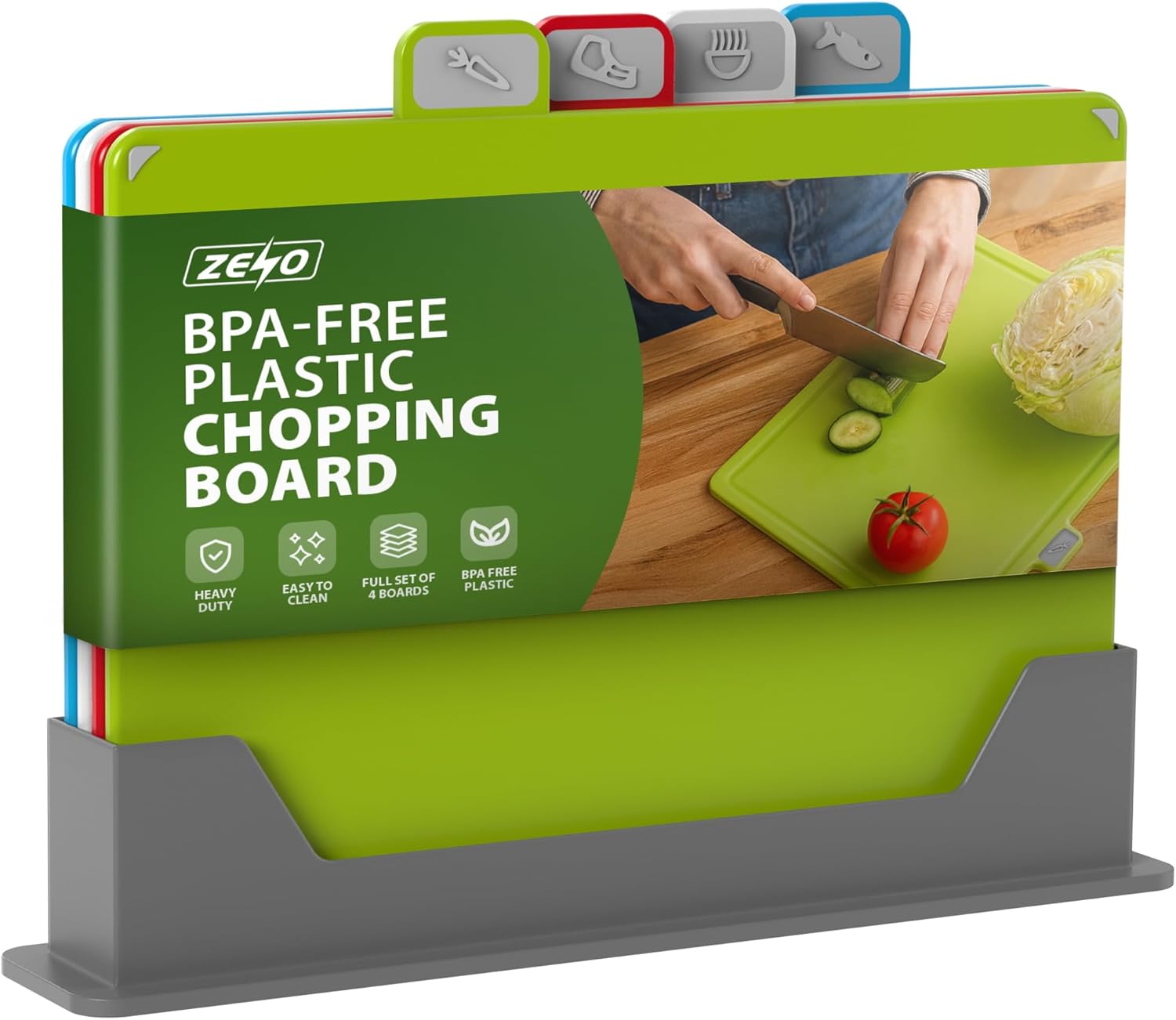 ZENO Plastic Chopping Board Set | Set of 4 Coloured Chopping Boards with Stand | Non Slip Cutting Boards | Thick Chopping Boards for Kitchen Cooking Equipment | Food Icons | Dishwasher Safe | BPA-Free