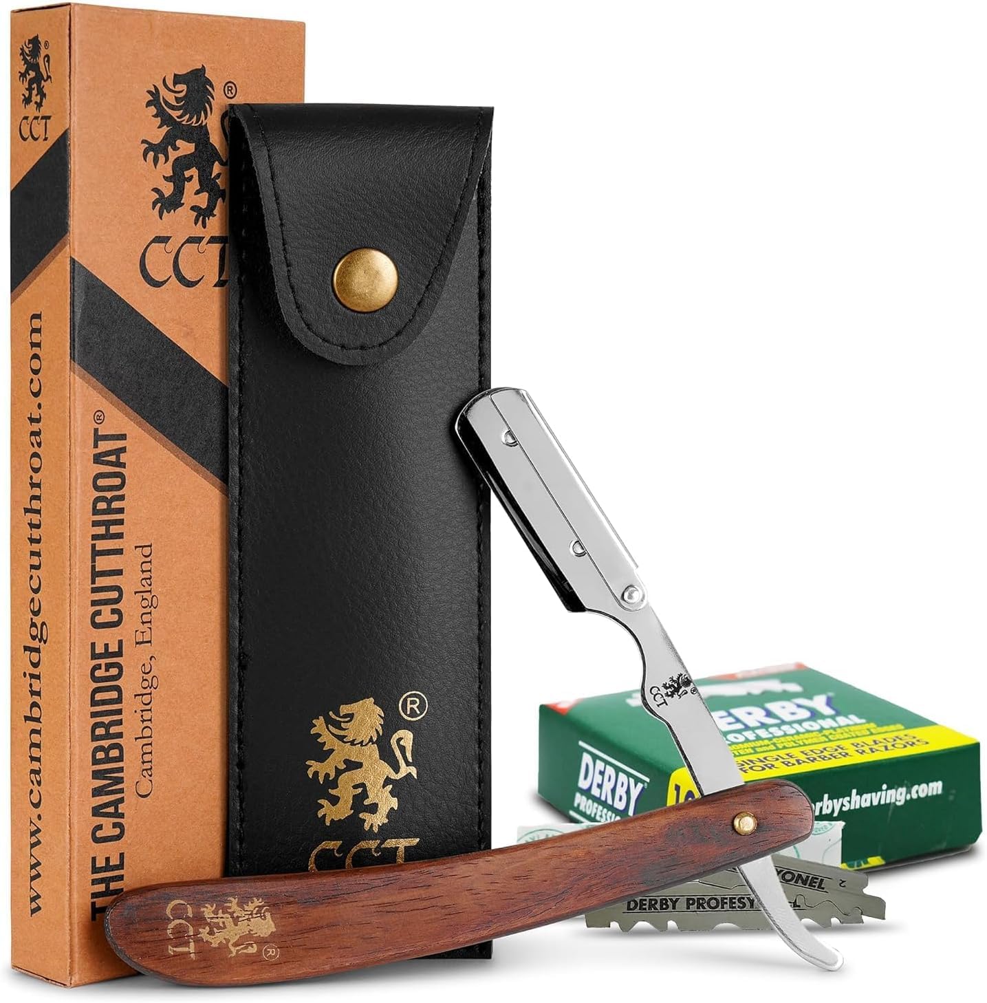 Straight Razor for Men - Barber Straight Edge Razor Kit with 10 Derby Blades & Leather Pouch - Single Blade Shavette, Missanda Wood Handle