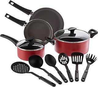 BELLA Cookware Set, 12 Piece Pots and Pans with Utensils, Nonstick Scratch Resistant Cooking Surface Compatible with All Stoves, Nylon and Aluminum, Red