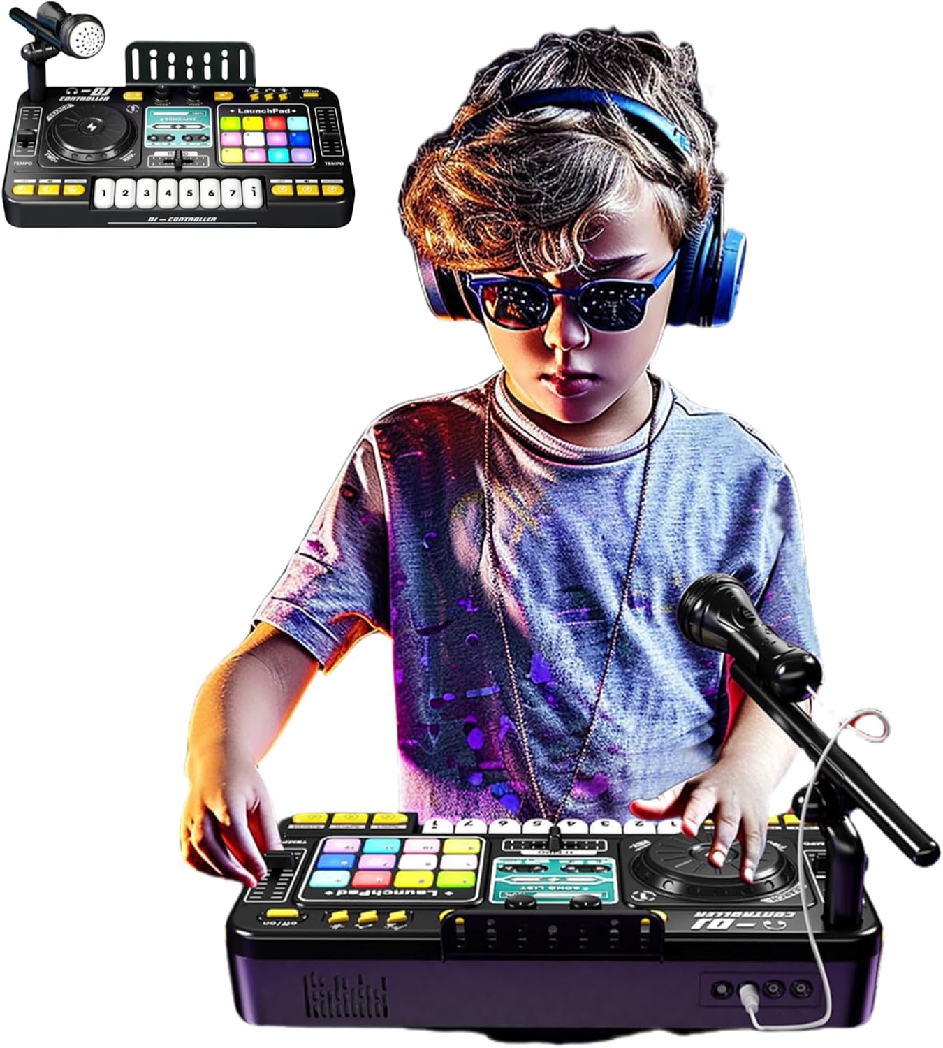 Rechargeable Kids DJ Mixer, LED Light Show & Karaoke Microphone - Interactive Music Toy with 12 Sound Keys, 8 Piano Keys & Custom Recording for Ages 4-8+