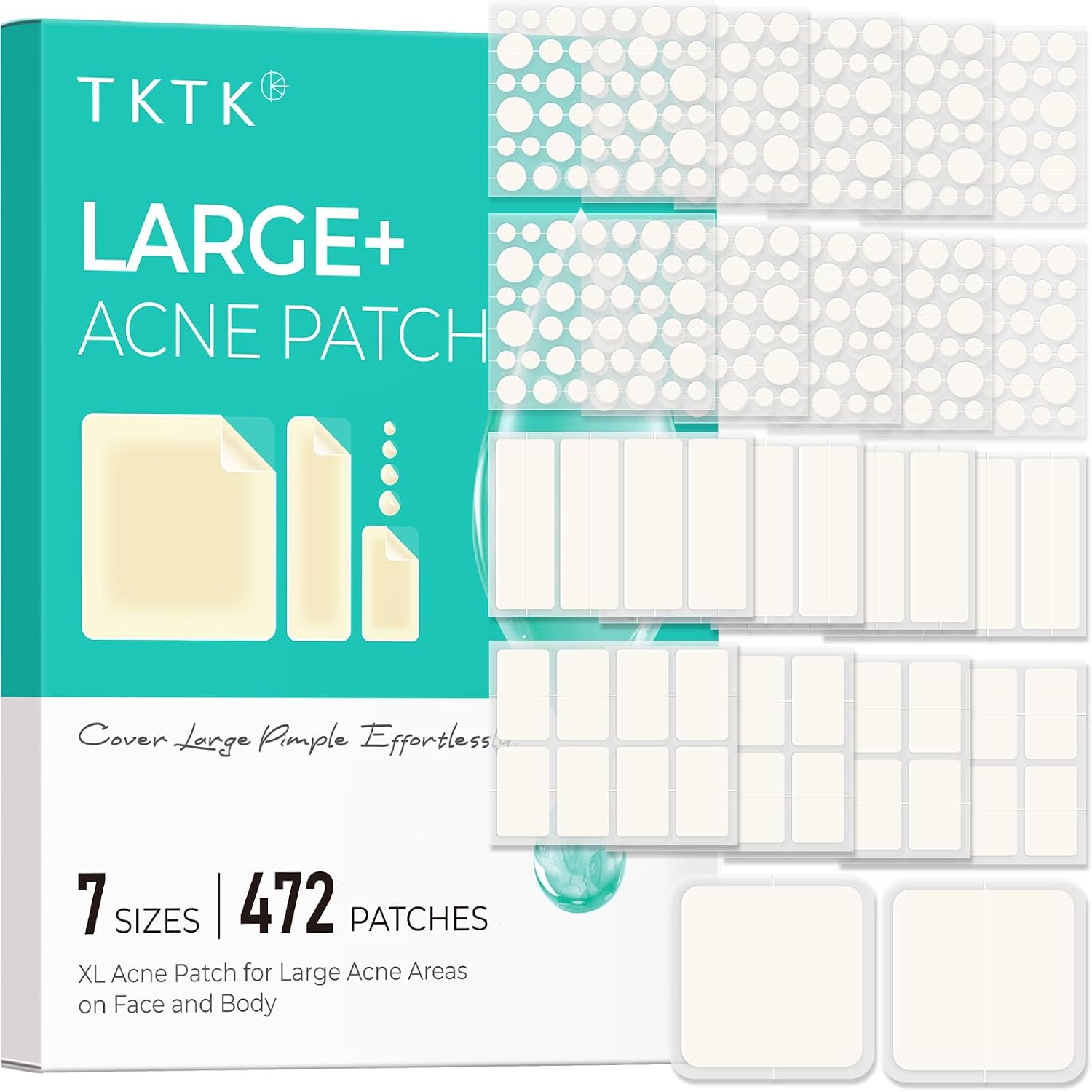 TKTK Large Pimple Patches for Face, 7 Sizes XL Acne Patches, Big Hydrocolloid Bandages for Body, Chin, Forehead, Chest, Back Zit Breakouts, Hydrocolloid Patch (7 Sizes 472 Count)