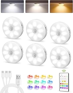 EZVALO LED Under Cabinet Lighting,1000mAh Rechargeable Puck Lights with Remote,3 Color Temps & 12 RGB Motion Sensor Closet Lights Indoor, Dimmable Under Counter Lights for Kitchen, Shelf (6 Packs)