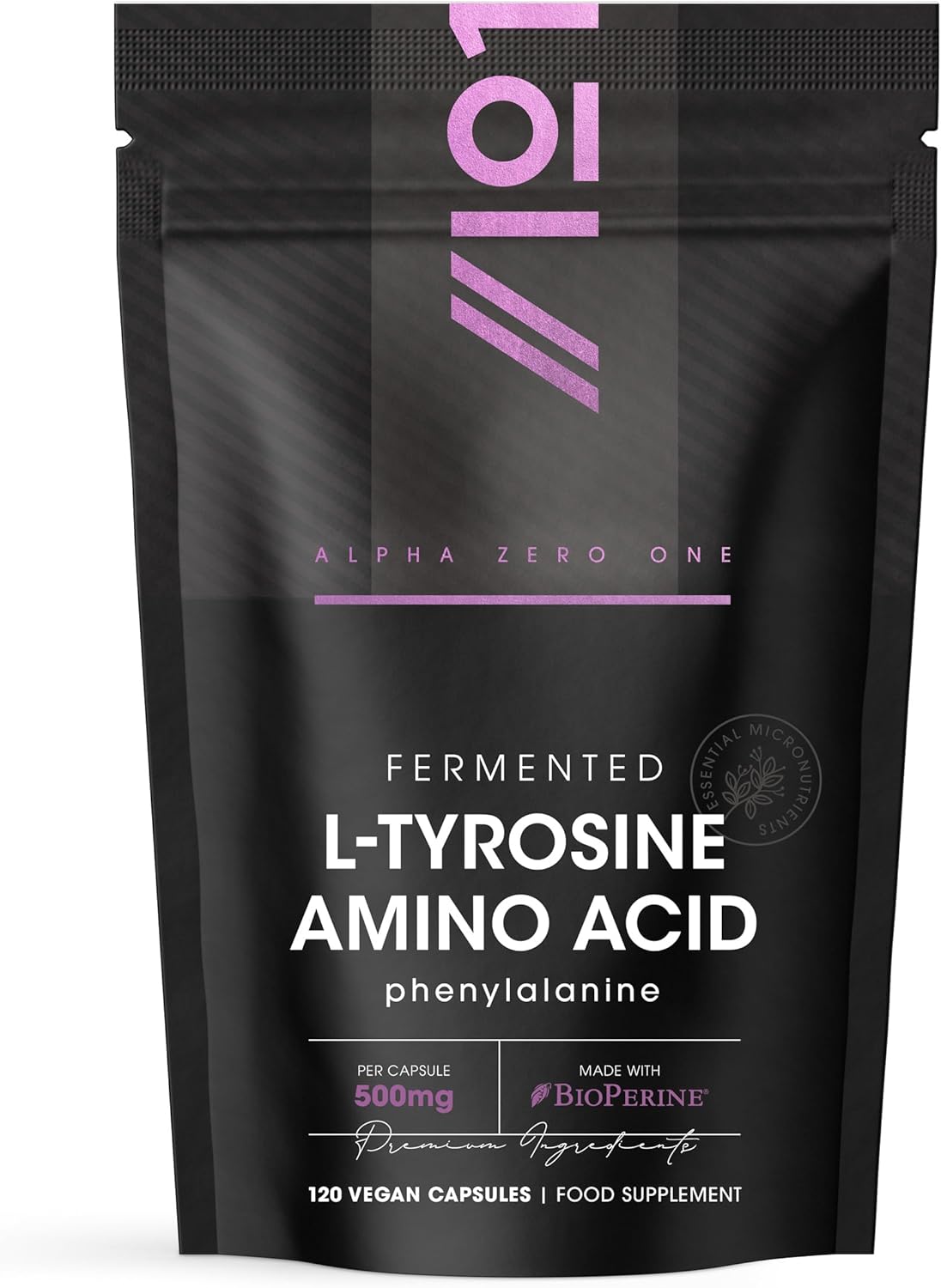 Fermented L-Tyrosine 500mg with BioPerine - 120 Vegan Capsules - Essential Amino Acid Support – 120 Day Supply – Resealable and Recyclable Pouch by Alpha01