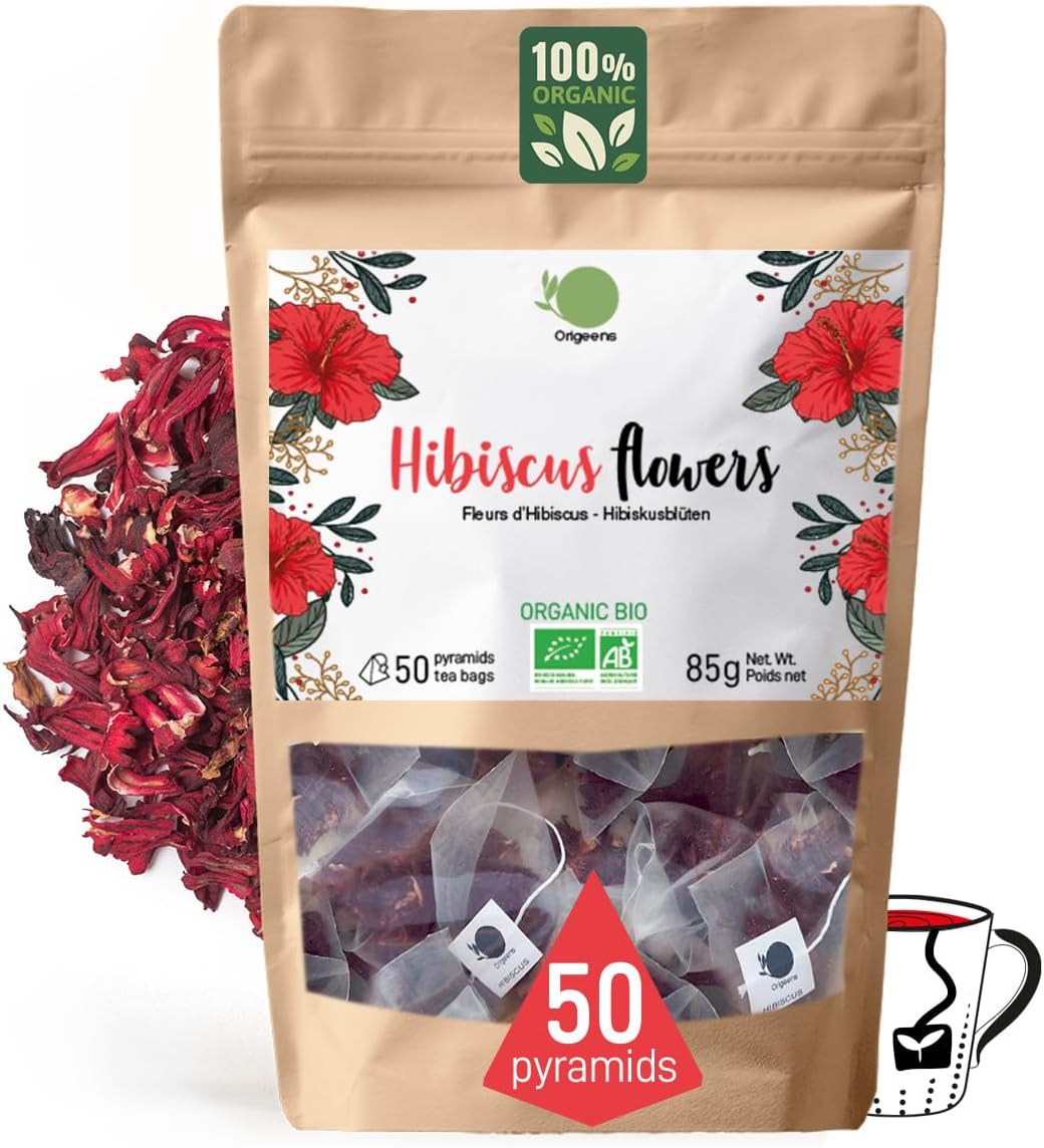 ORIGEENS 50 Hibiscus Tea Bags - Organic Dried Hibiscus Flower for Infusions, Iced Tea, Karkade, Draining Detox