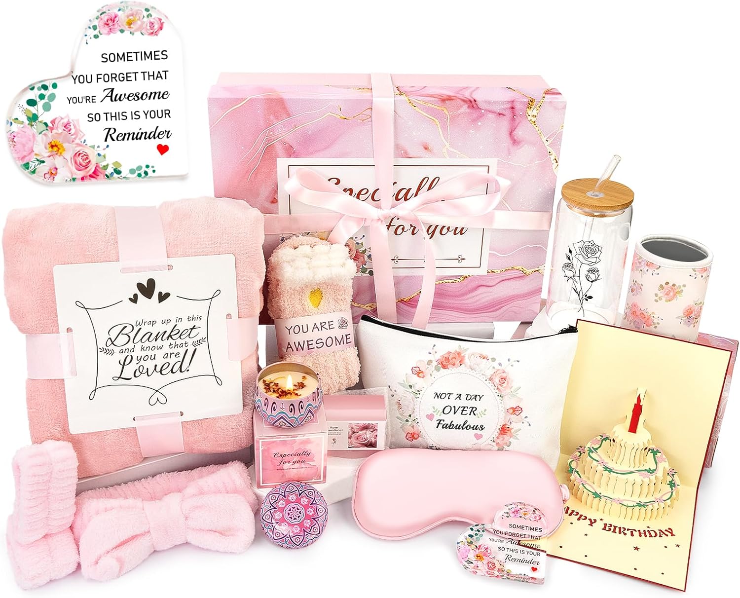 JiMiao Birthday Gifts for Women, 13pc Valentine Gift Basket for Women Birthday Unique, Spa Basket Care Package Get Well Soon Box for Teen Girls, Sister, Mom, Her Fantasy Box for Mother's Day