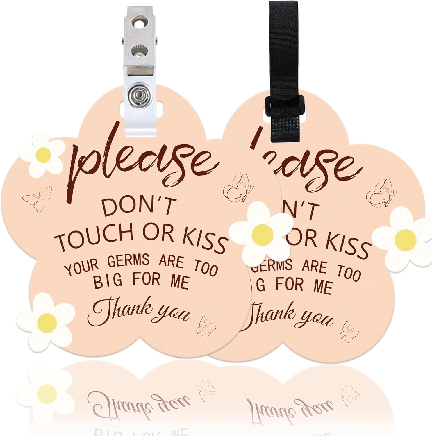 ORIGACH 2 Pack Please Don't Touch or Kiss Baby Sign, Flower Shape No Touching Baby Sign with Hanging Strap and Clip for Newborn Neutral Baby Preemie